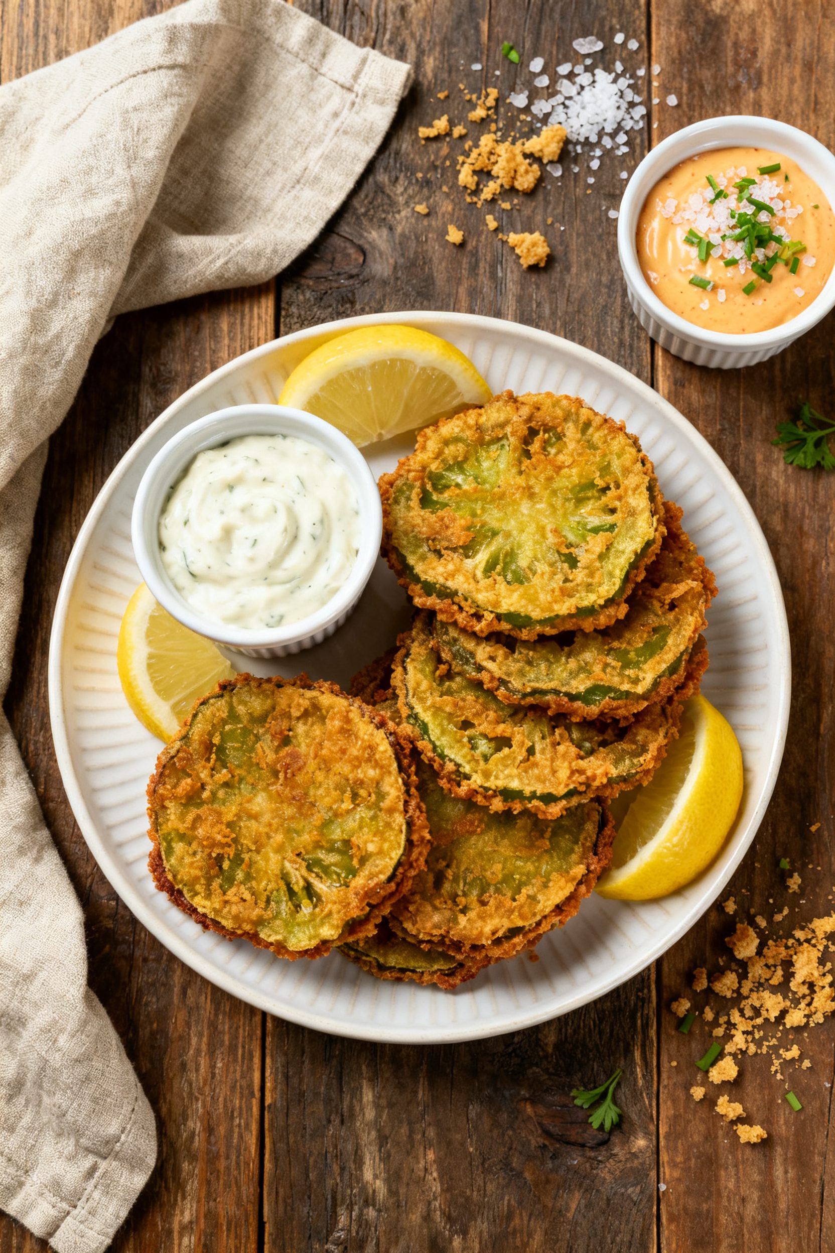 Final plated top-down shot: A generous stack of air fryer fried green tomatoes on a white ceramic pl