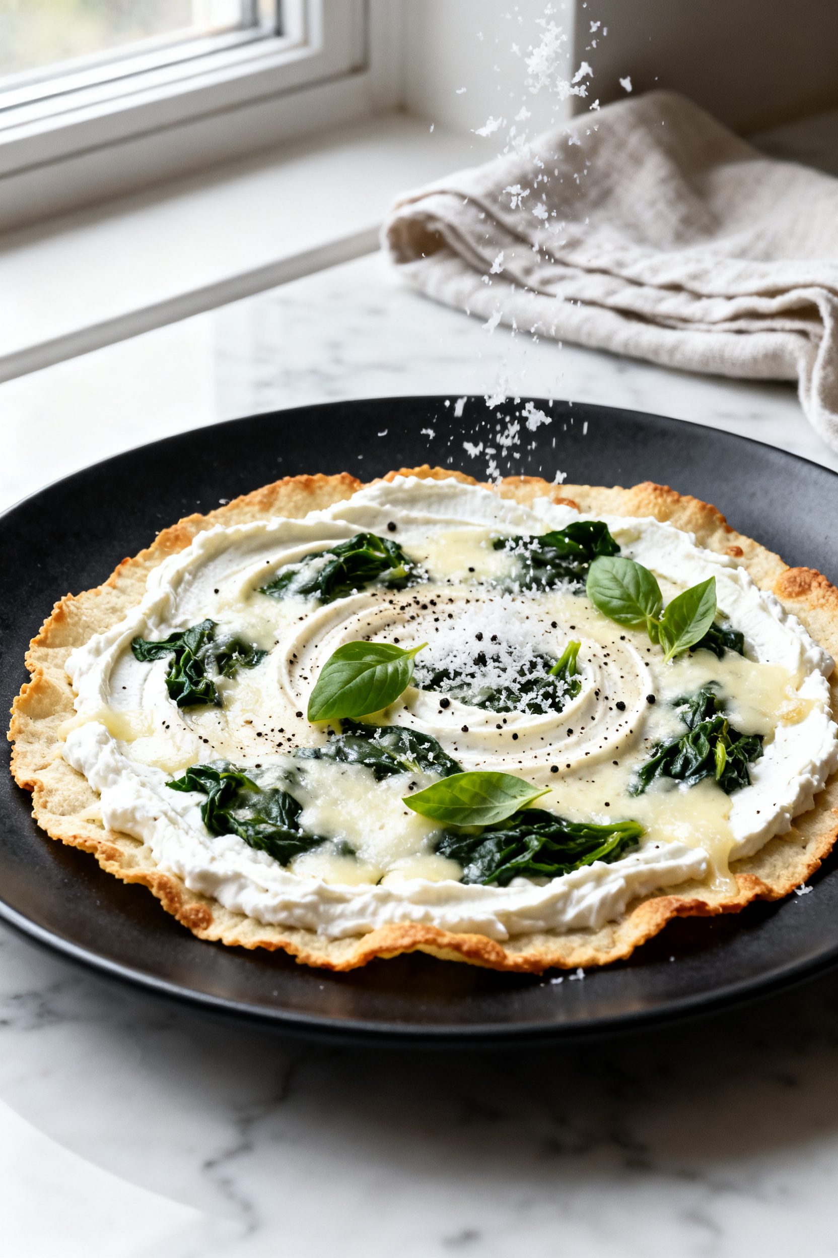 Final plated variation — White pizza style: beautifully plated low-carb tortilla pizza on a matte 