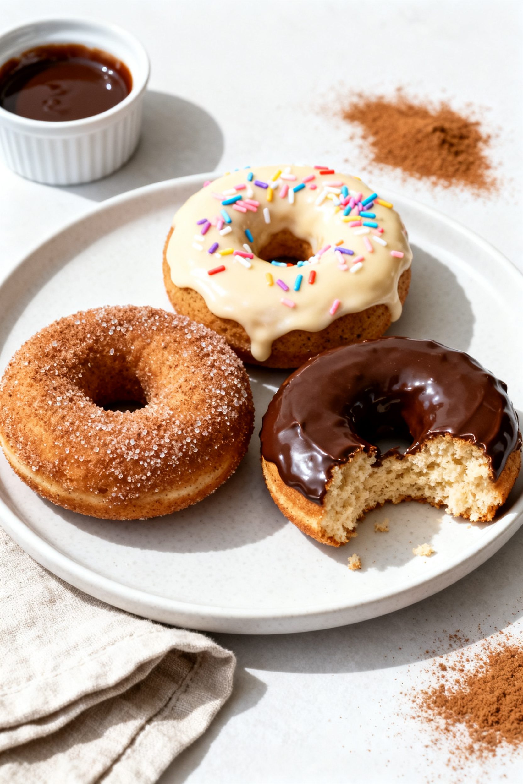 Final presentation: Beautifully plated trio of gluten free donuts on a matte white plate—one with 