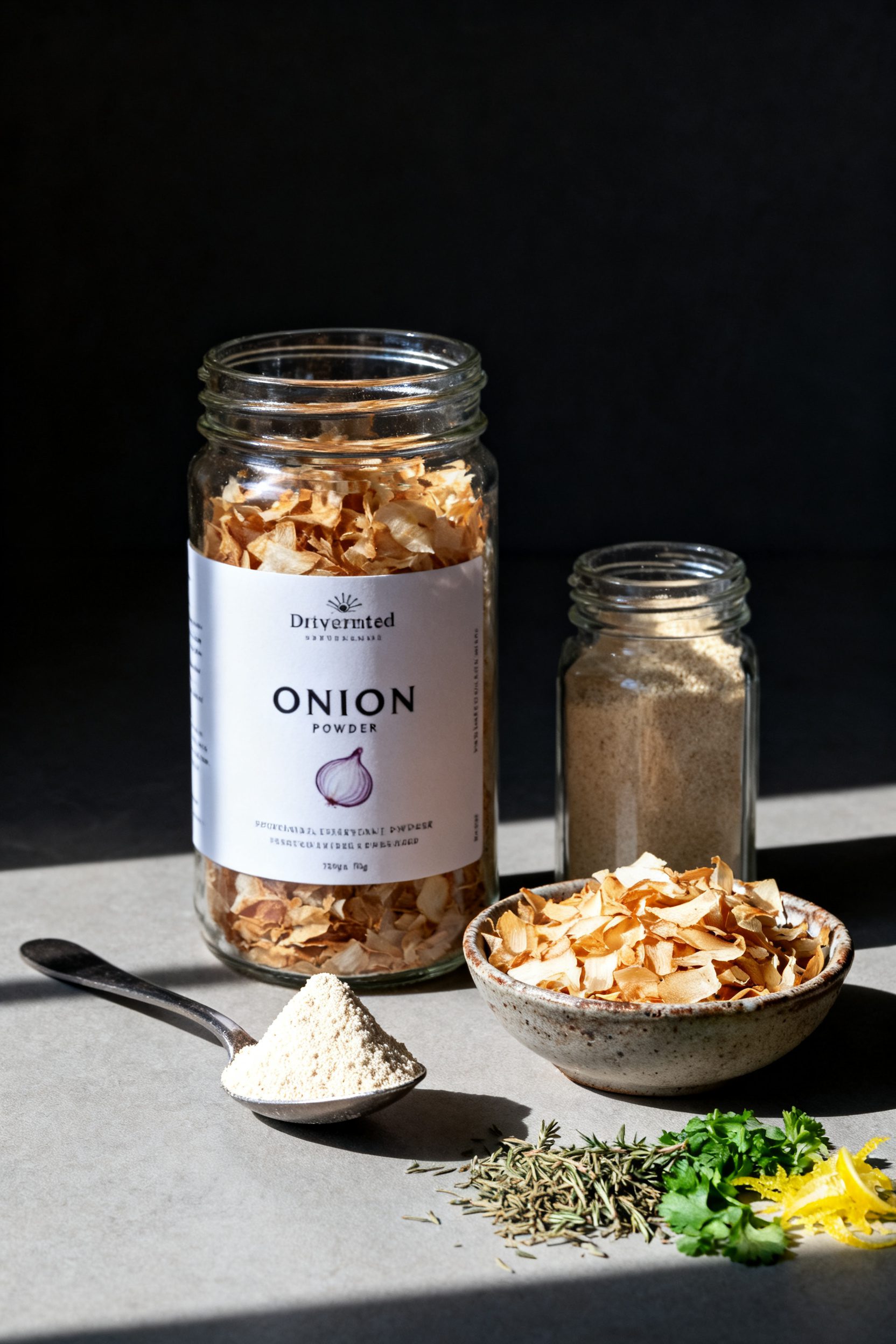 Final presentation: Beautifully styled pantry scene featuring a labeled glass jar of dehydrated onio