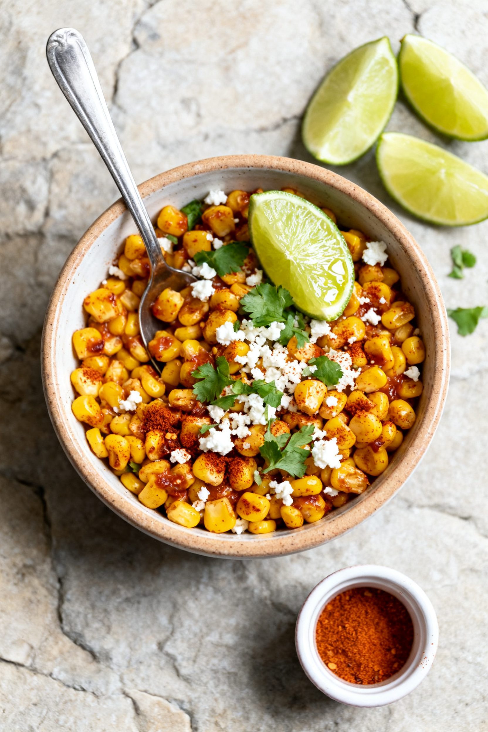Overhead esquites (off-the-cob) bowl: Top-down shot of a ceramic bowl filled with air-fried corn ker