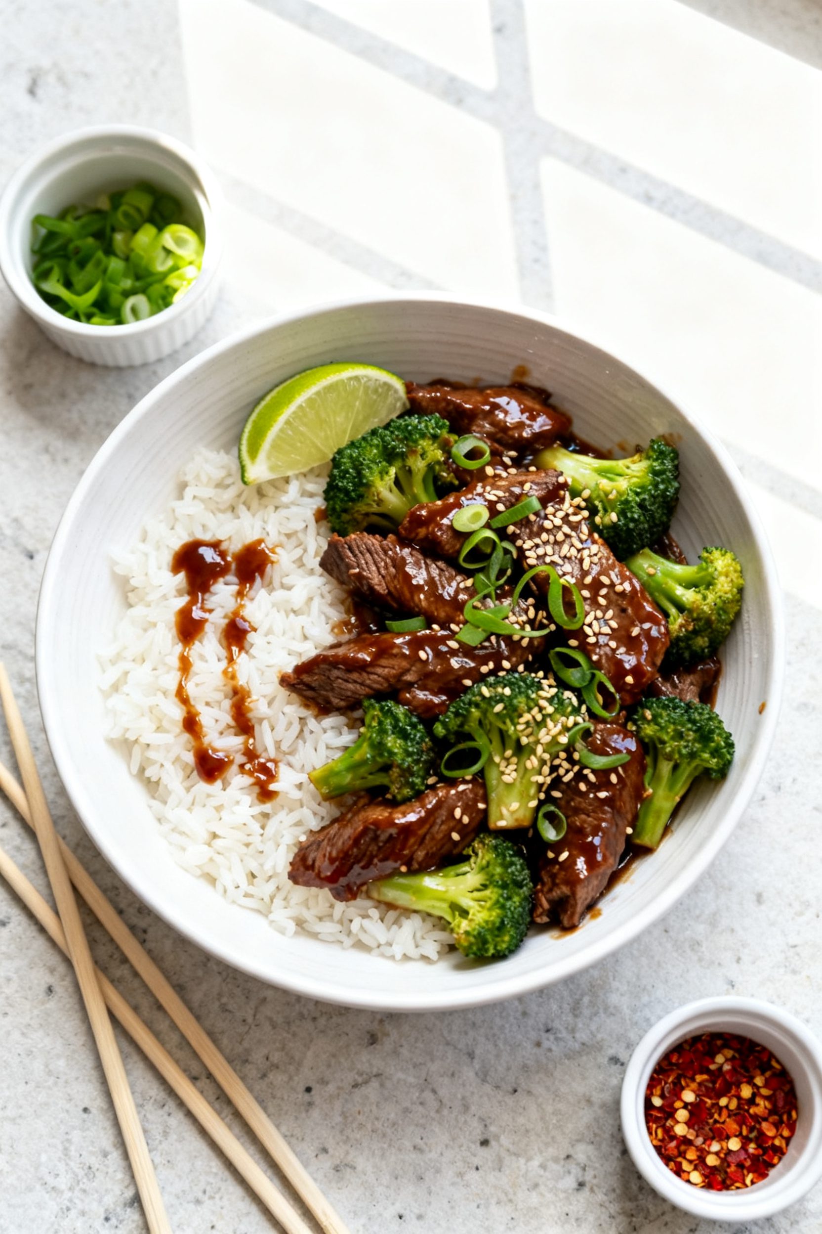 Overhead final presentation: Air Fryer Beef and Broccoli served over steaming jasmine rice in a wide