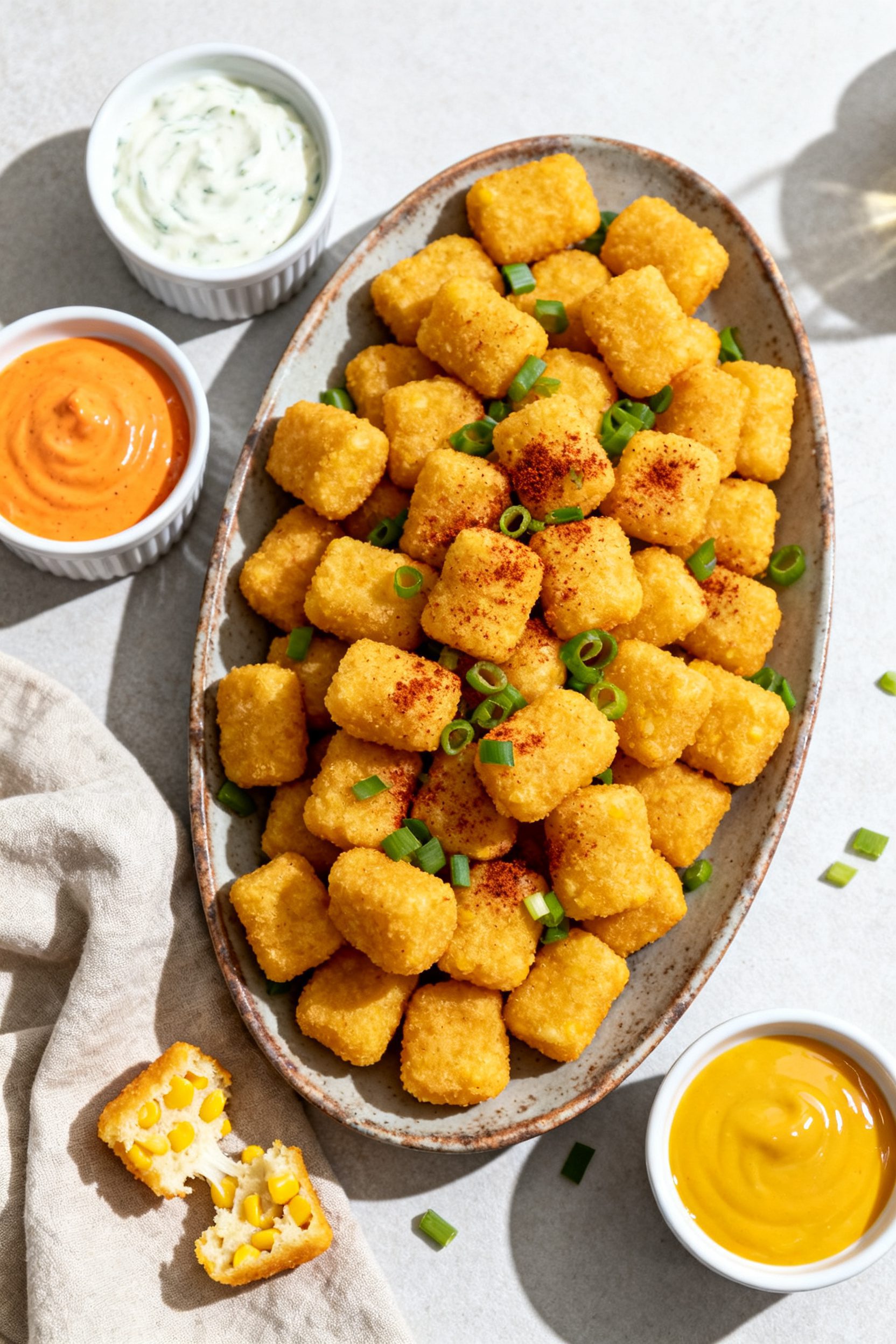 Overhead “game day” platter of air fryer corn nuggets: of a rustic oval platter piled high with 