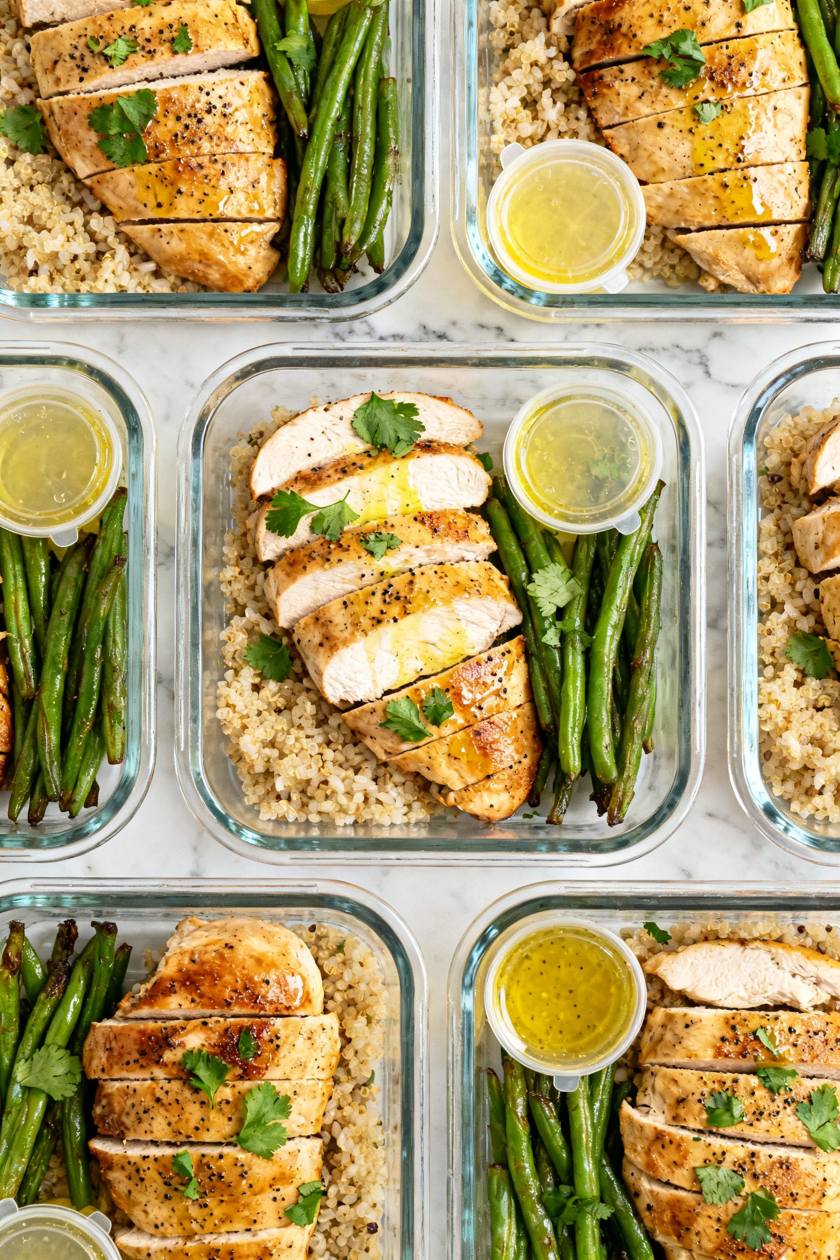 Overhead “meal prep” top-down: Tasty top view of multiple portions of air fryer marinated chicke