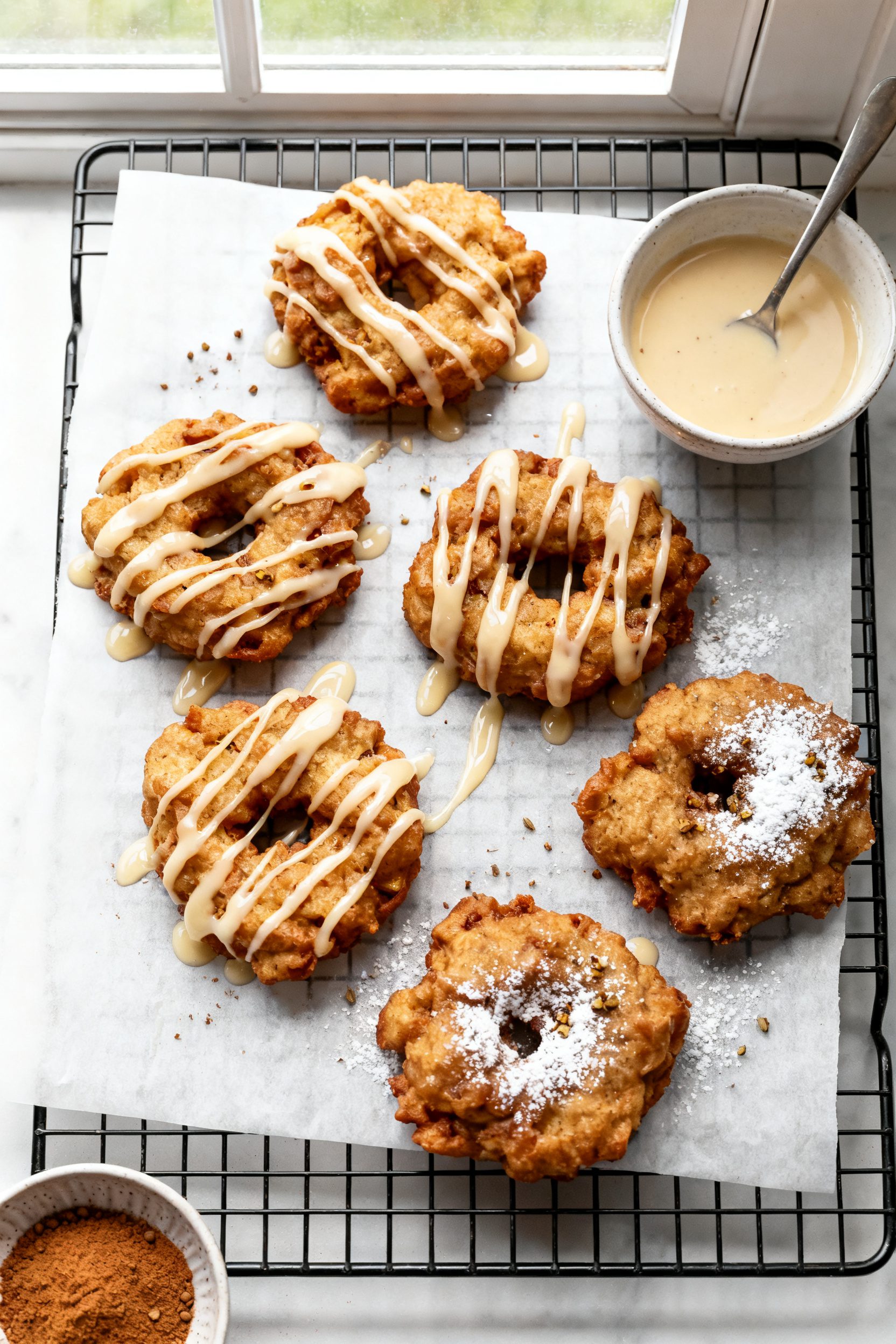 Overhead shot of glazed gluten free apple fritters on a parchment-lined cooling rack, thin vanilla g