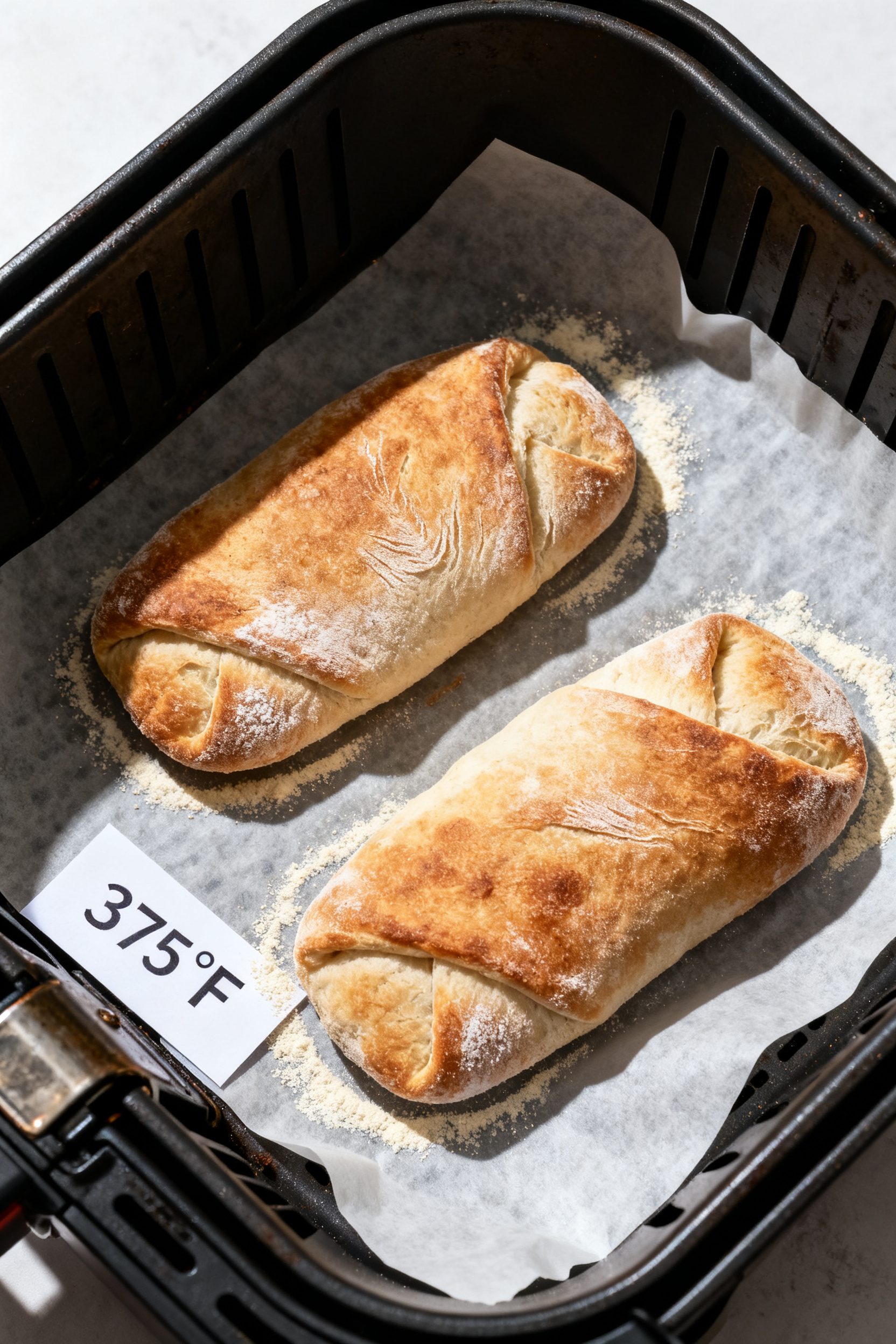 Overhead shot of two smaller ciabatta loaves baked on parchment in an air fryer basket, showing even