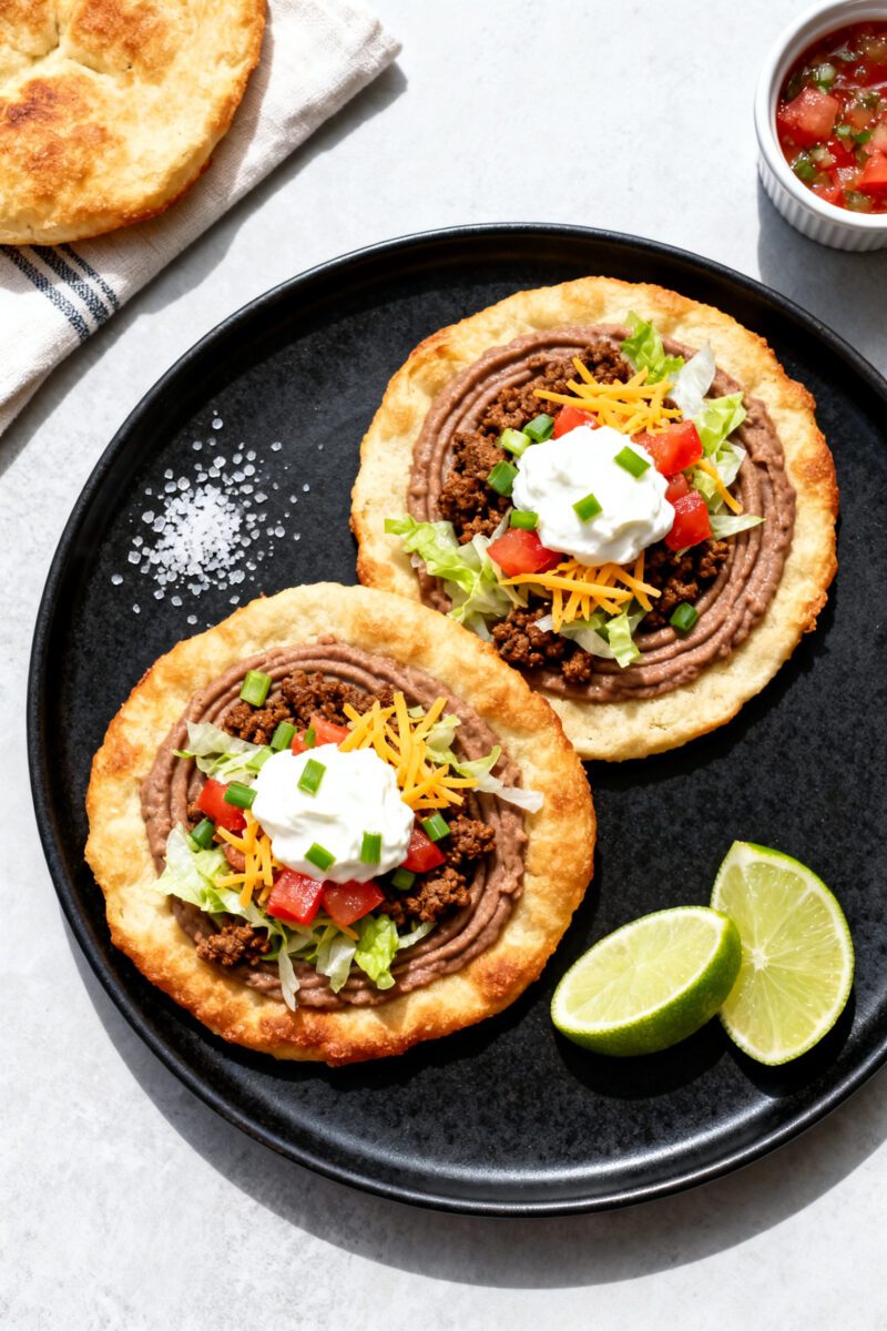 Overhead “taco-style” final dish: of Navajo-inspired fry bread tacos on a matte black platter—