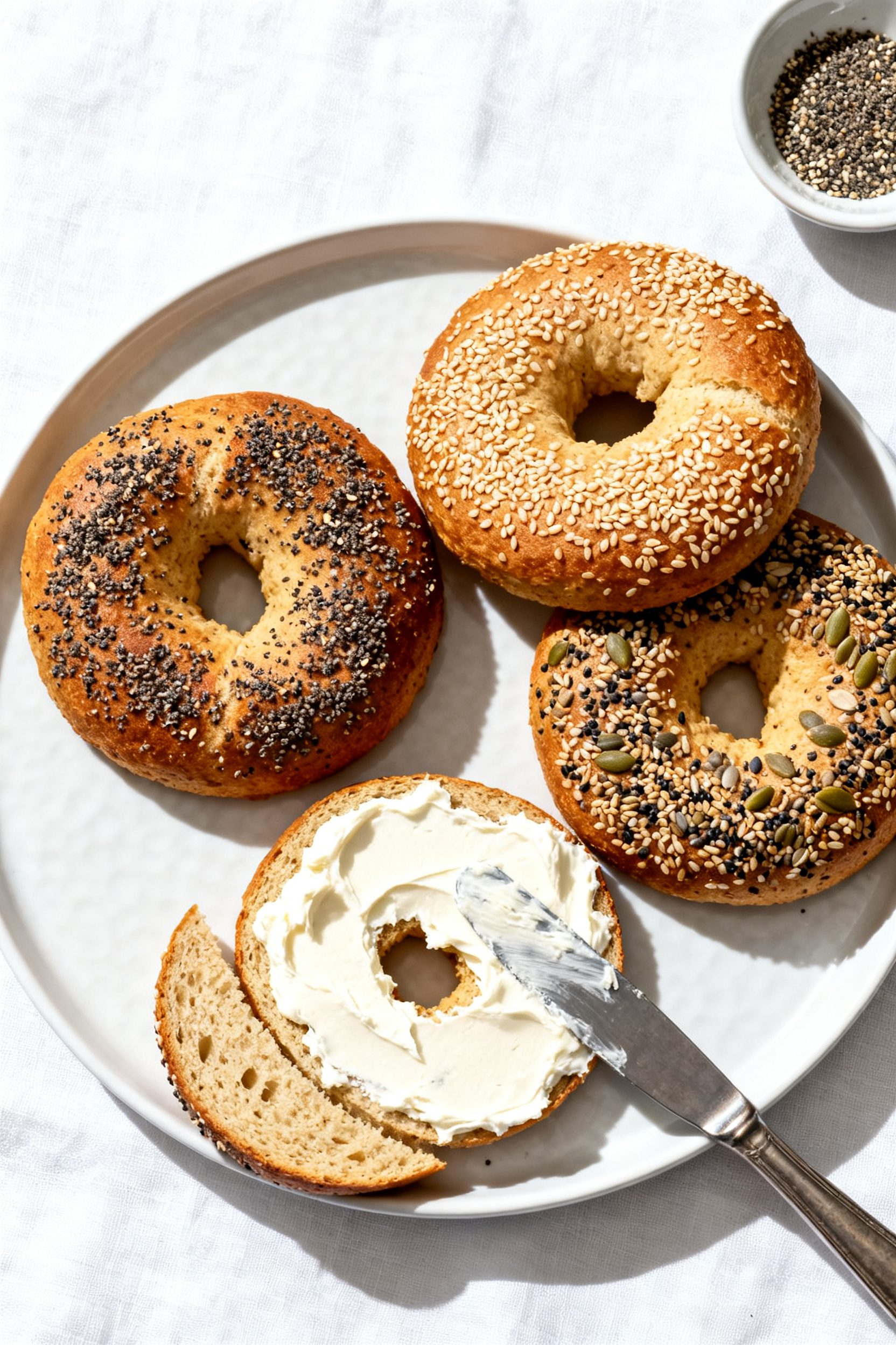 Overhead tasty top view: A trio of air fryer keto bagels on a matte white plate, each topped differe