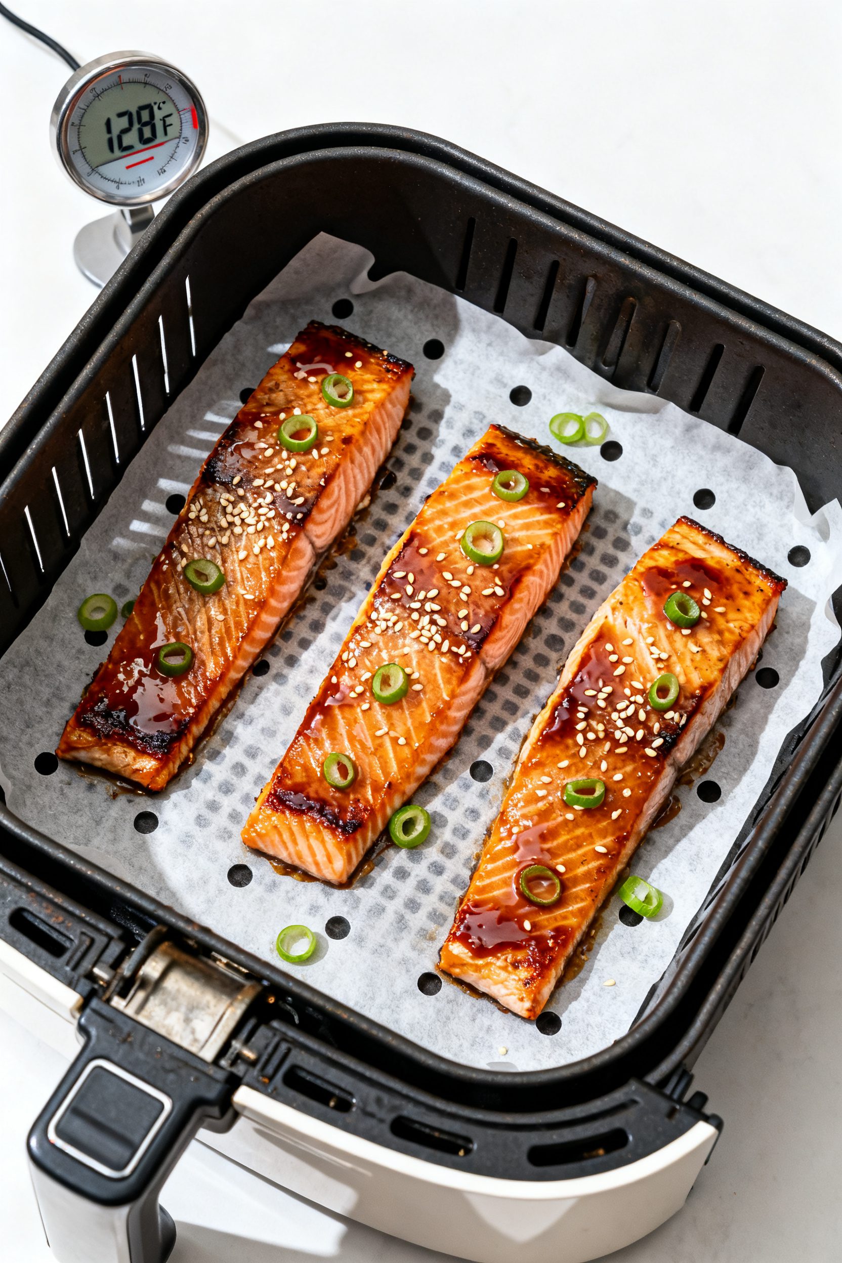Overhead tasty top view: Air fryer basket scene showing 3 cooked salmon fillets skin-side down, spac
