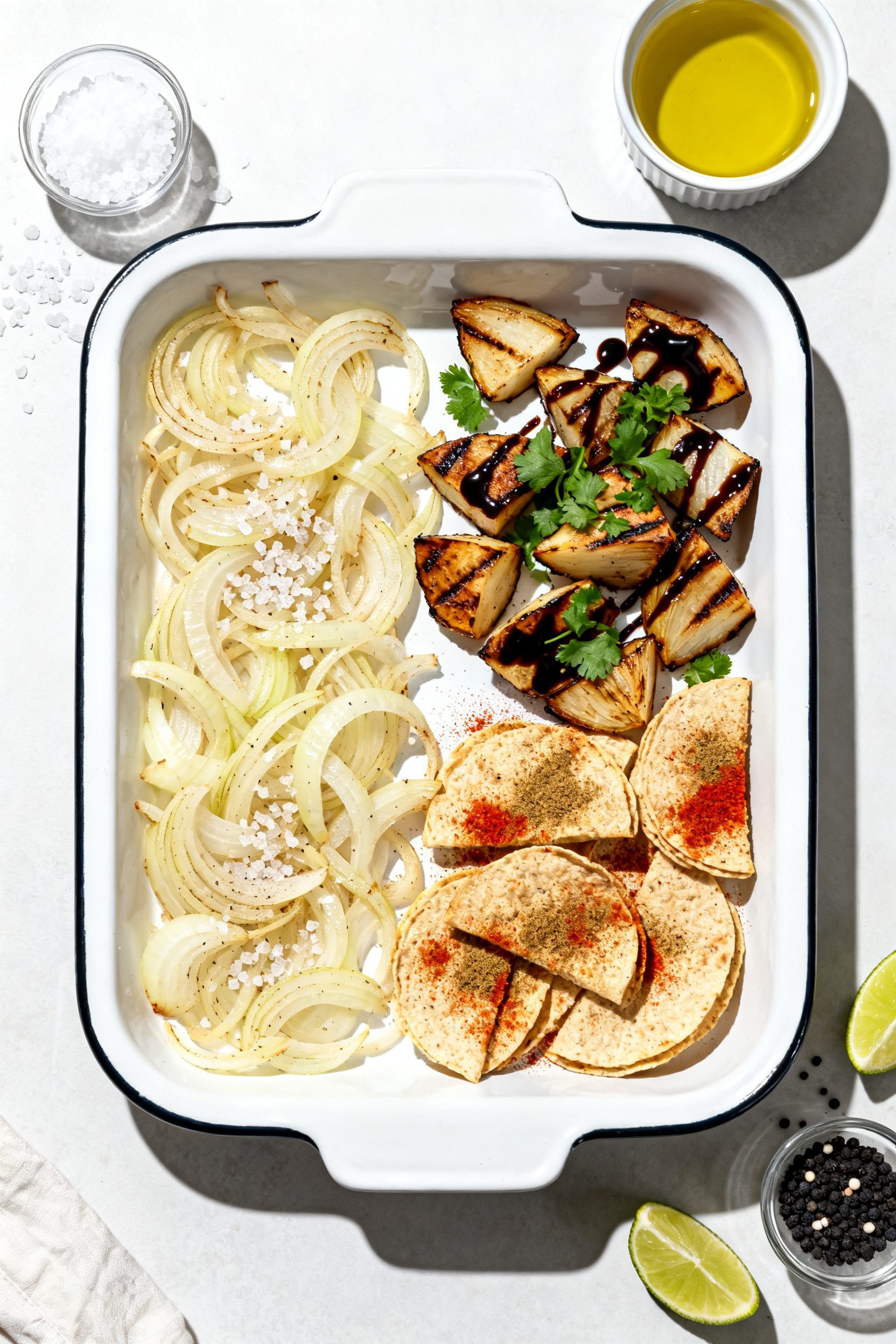 Overhead tasty top view: Air fryer grilled onions styled three ways on a white enamel tray—classic