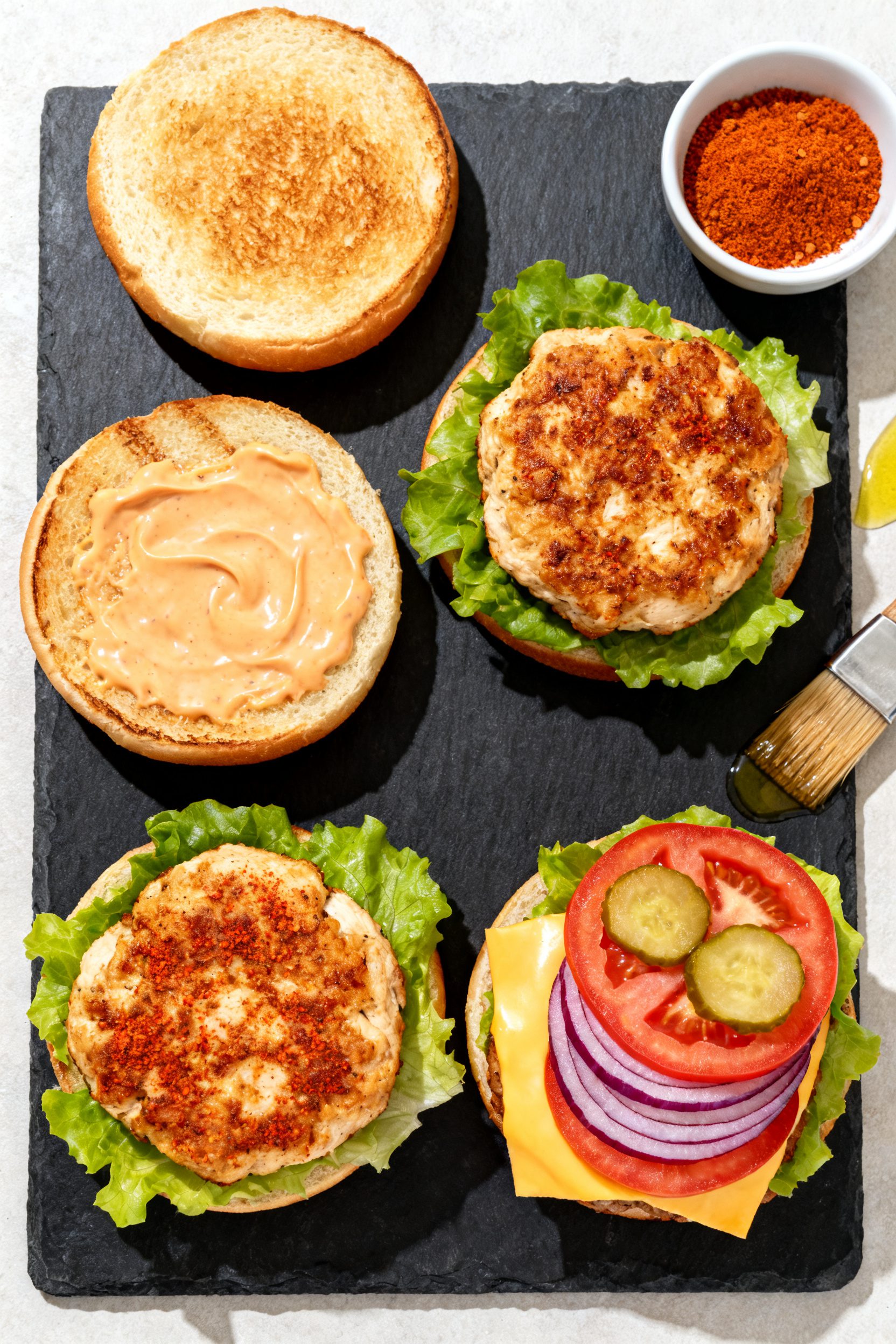 Overhead “tasty top view” assembly scene: Four toasted burger buns laid out on a dark slate boar
