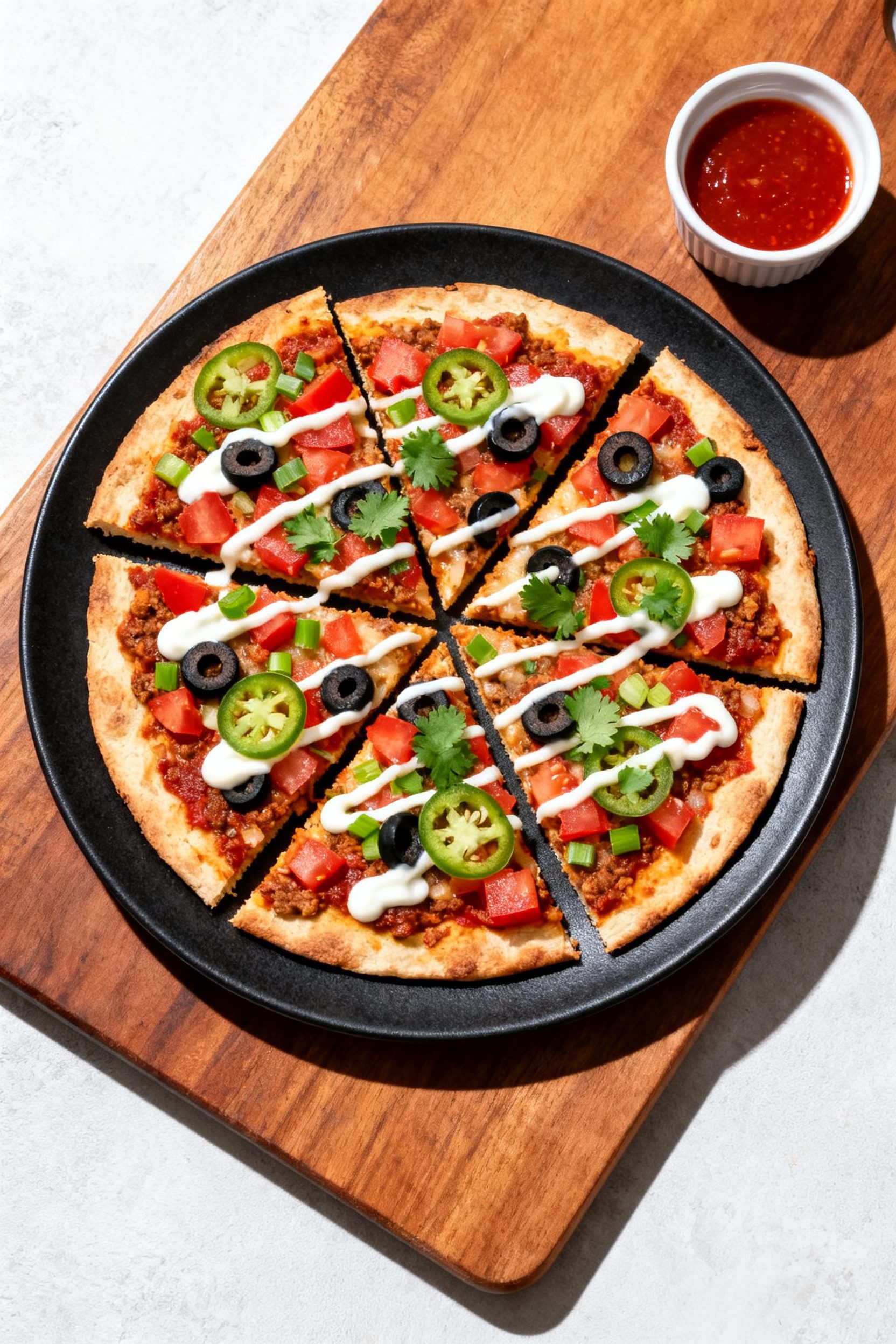 Overhead “tasty top view”: Finished Air Fryer Mexican Pizza sliced into quarters, showing tidy l