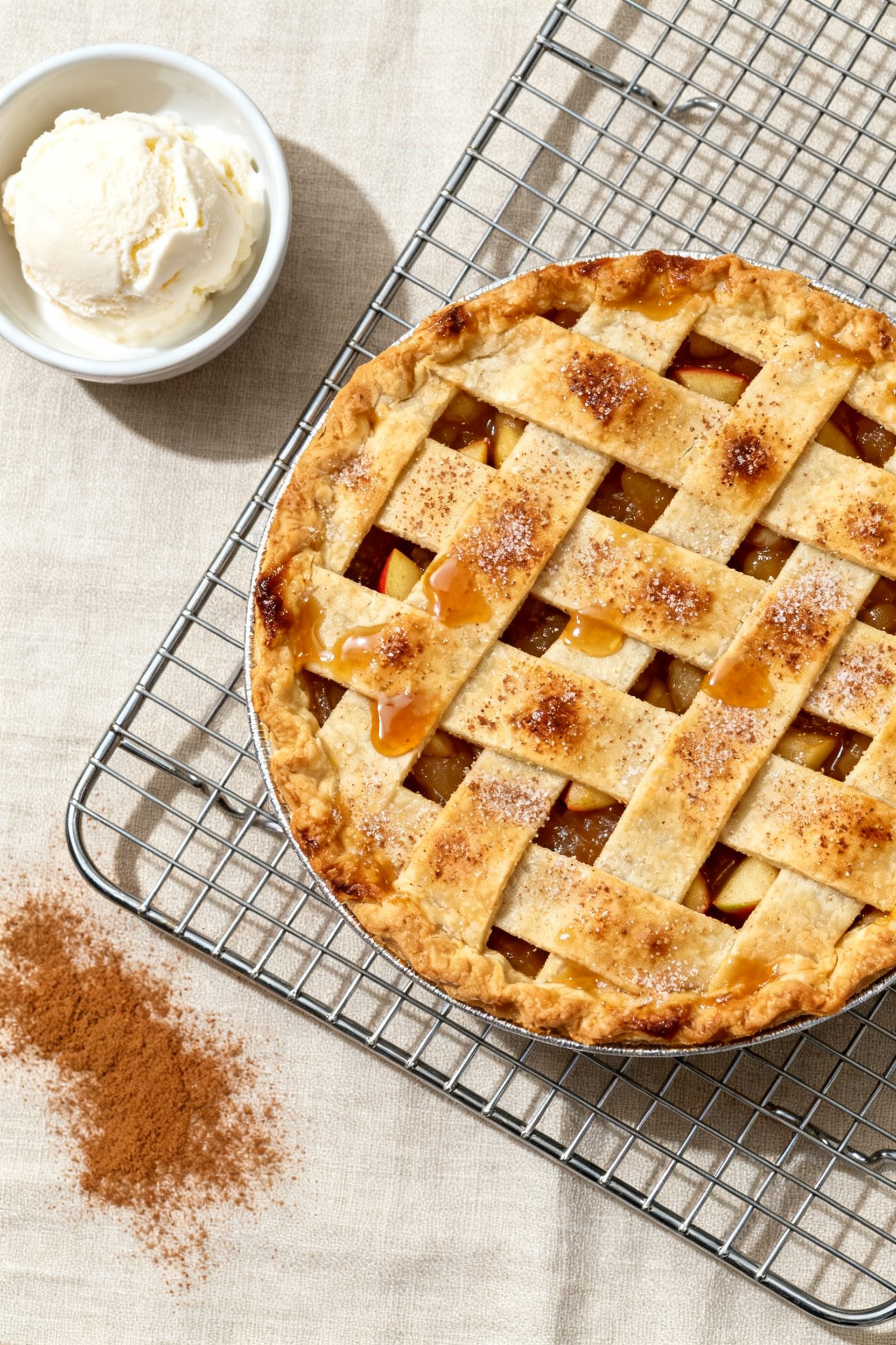 Overhead “tasty top view” of a 6–7-inch air fryer apple pie on a cooling rack, lattice or vent