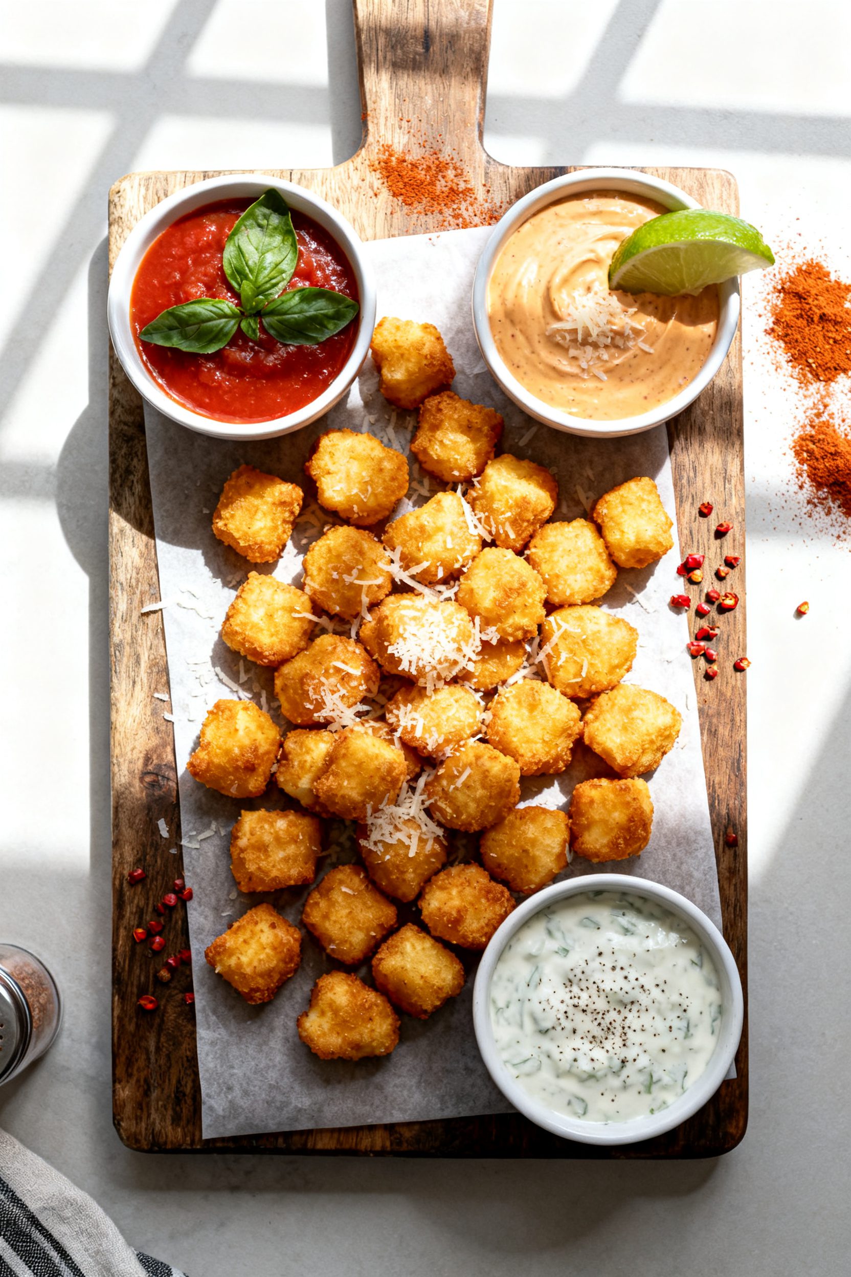 Overhead “tasty top view” of a game-day platter of crispy keto cheese curds arranged in a single
