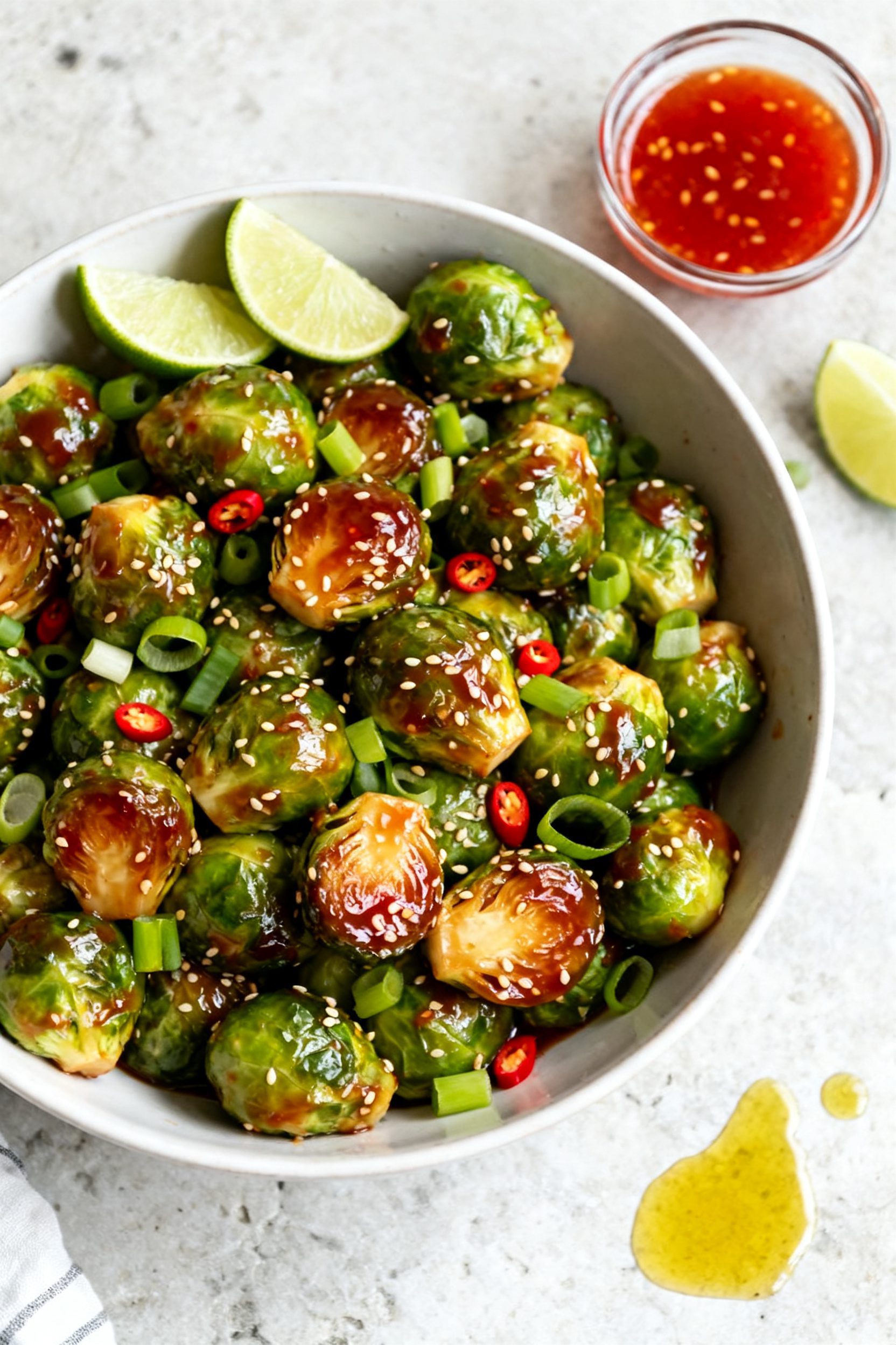 Overhead “tasty top view” of a large bowl of hot Brussels sprouts just tossed in sweet chili gla