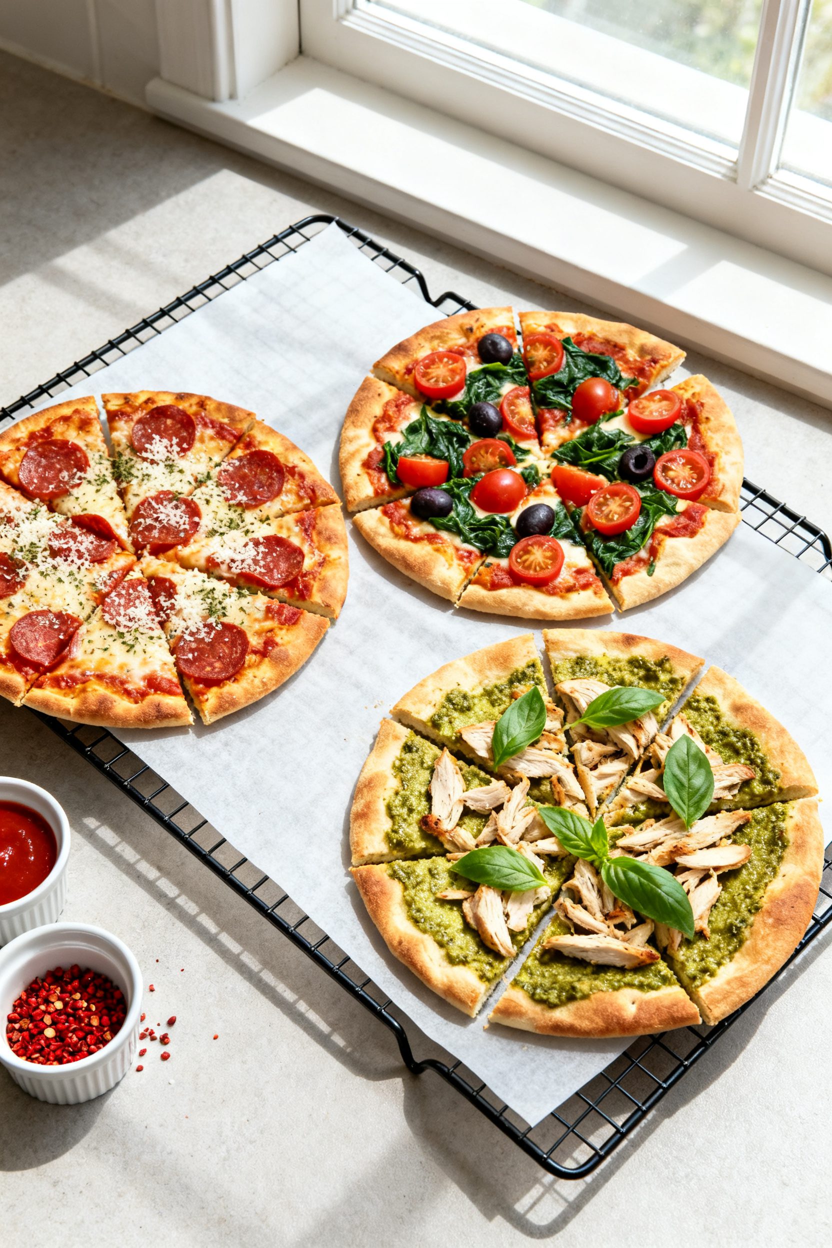 Overhead “tasty top view” of a make-your-own air fryer pita pizza spread, fully cooked and slice
