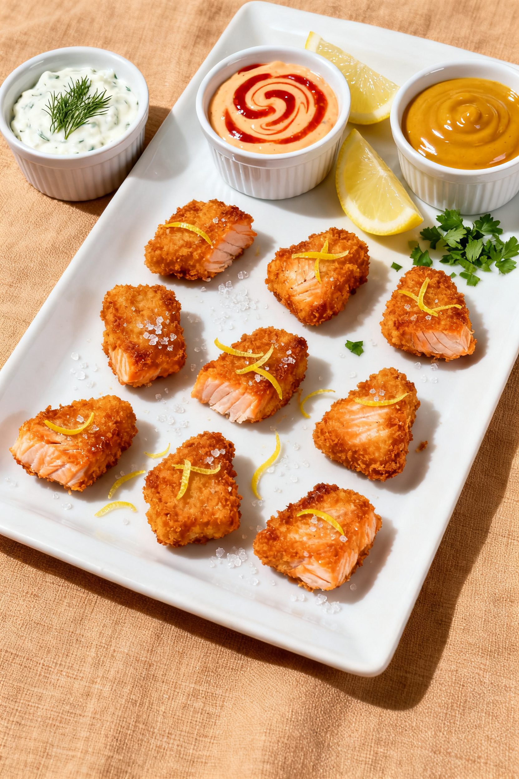Overhead “tasty top view” of a platter of air-fried salmon nuggets arranged in a single layer wi