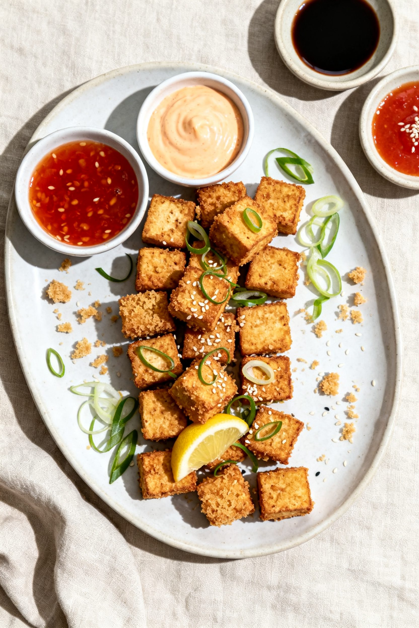 Overhead “tasty top view” of a serving platter of crispy tofu bites arranged in a single layer, 