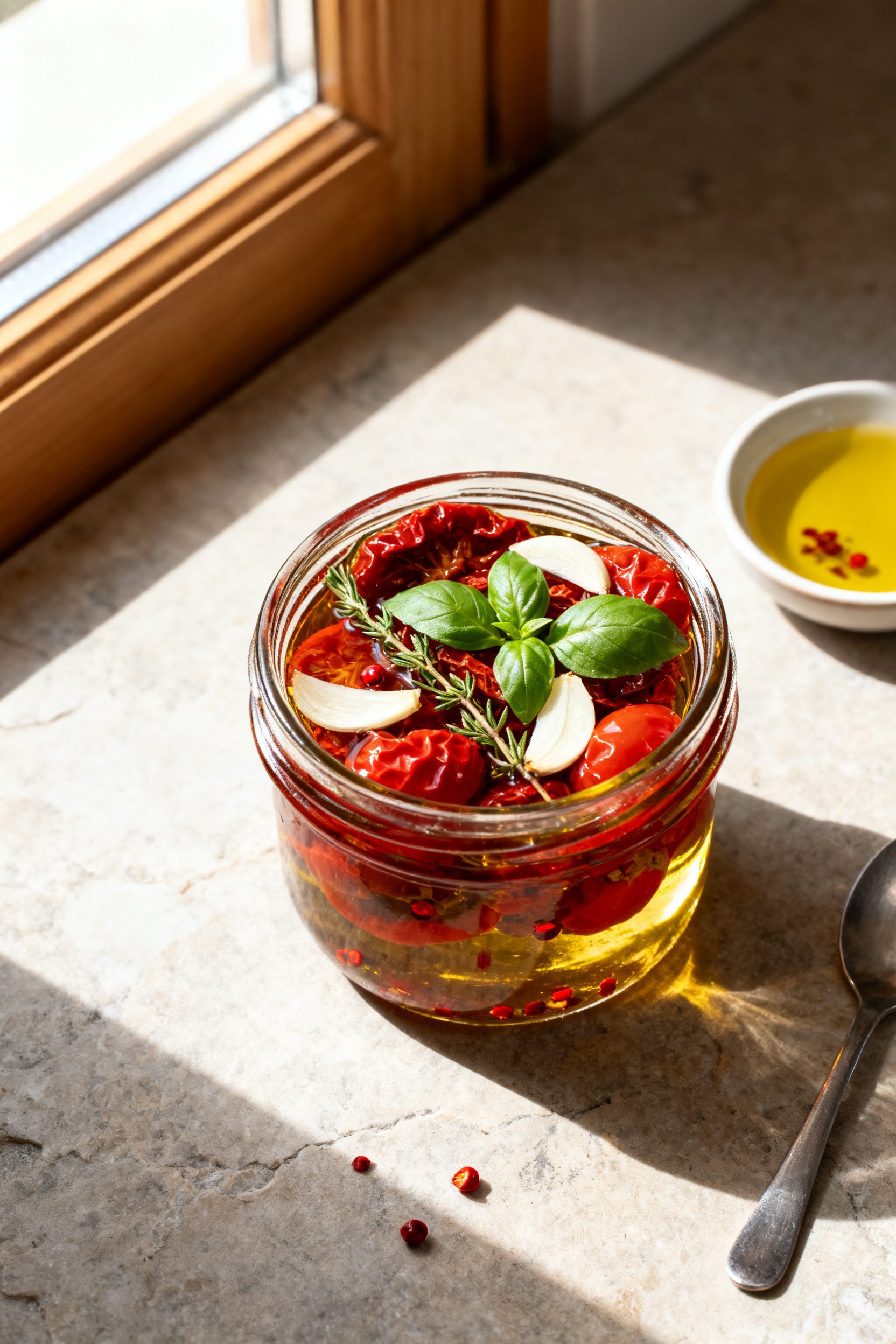 Overhead “tasty top view” of a small jar of air fryer sun dried tomatoes stored in extra-virgin