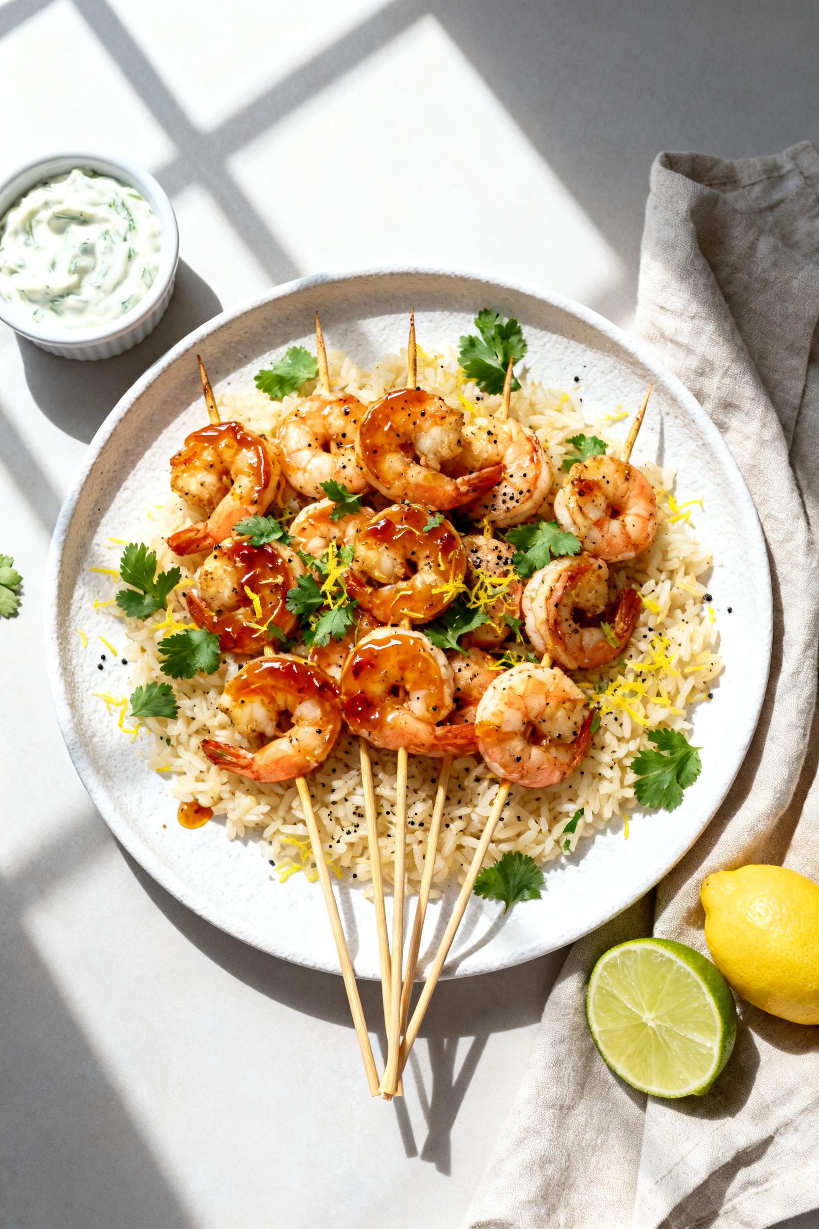Overhead “tasty top view” of final plated Air Fryer Shrimp Skewers: skewers arranged in a fan on