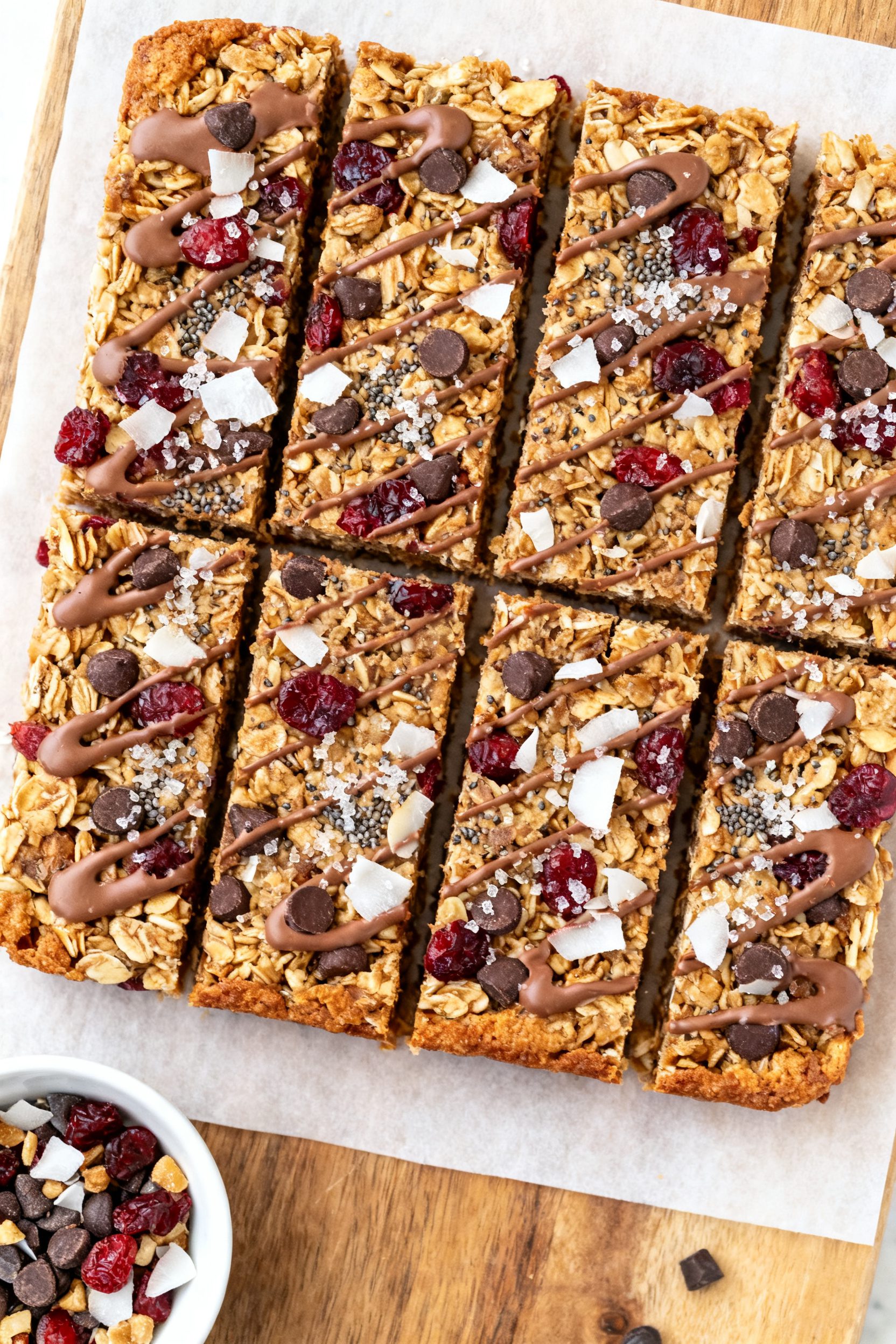 Overhead “tasty top view” of neatly sliced Air Fryer Granola Bars arranged in a tight grid on a 