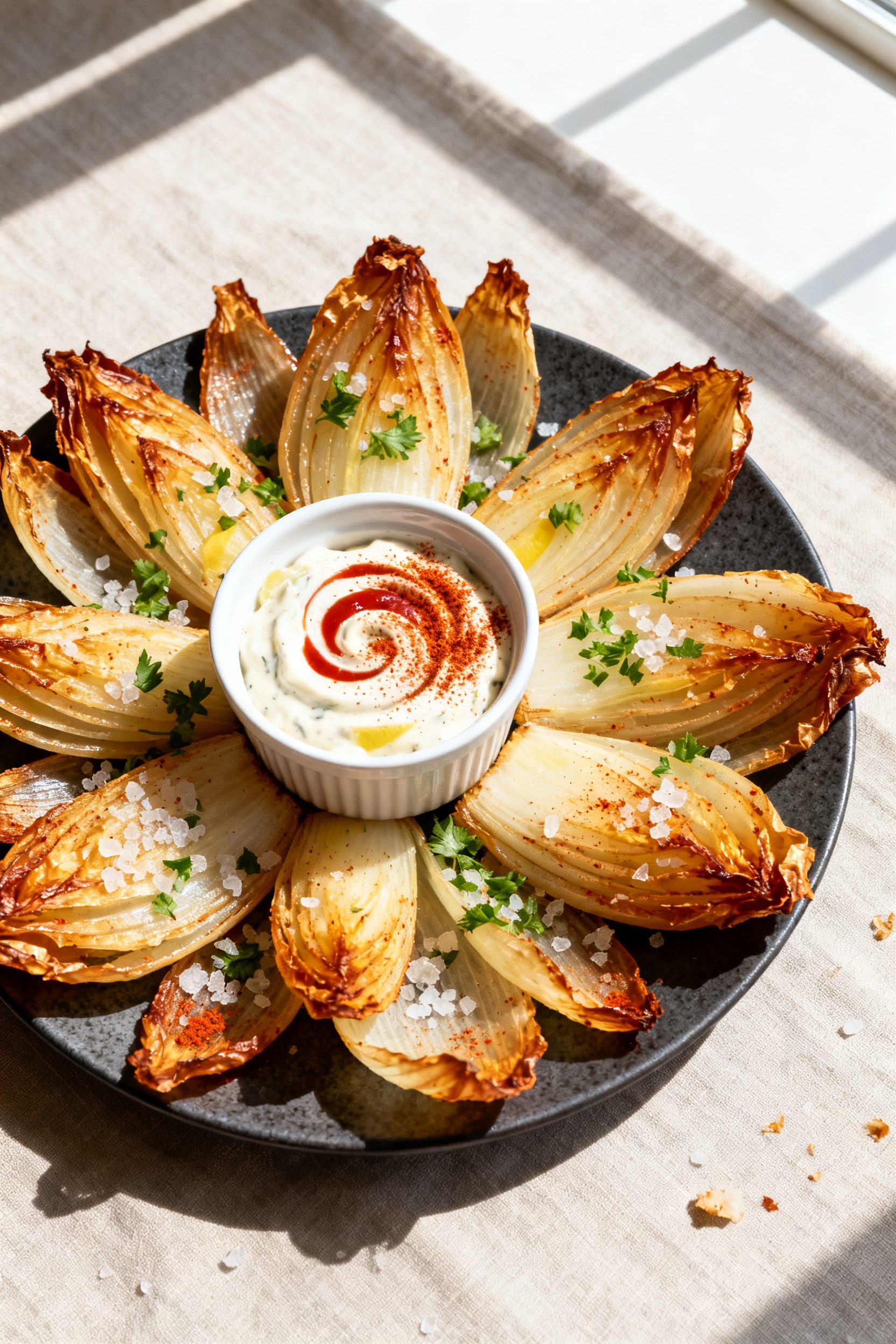 Overhead “tasty top view” of the finished blooming onion on a matte charcoal plate: petals fanne