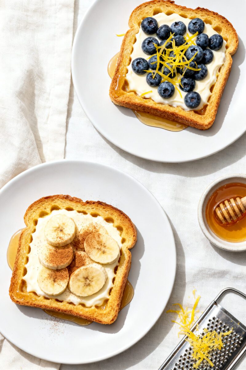 Overhead “tasty top view” of two plated Air Fryer Yogurt Toasts on matte white plates: one toppe