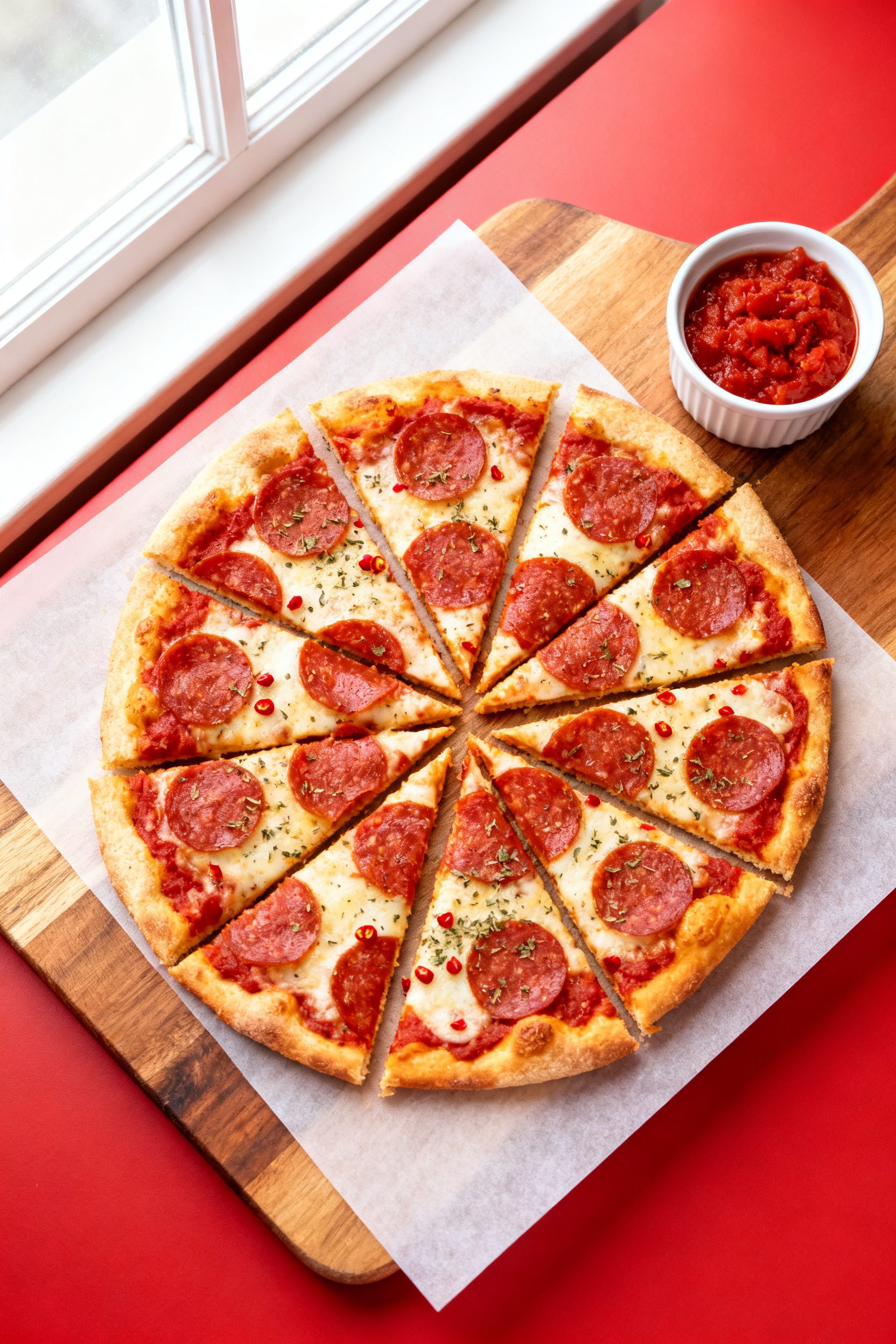Overhead tasty top view: Sliced 8–9 inch low-carb pepperoni pizza resting on a wooden board after