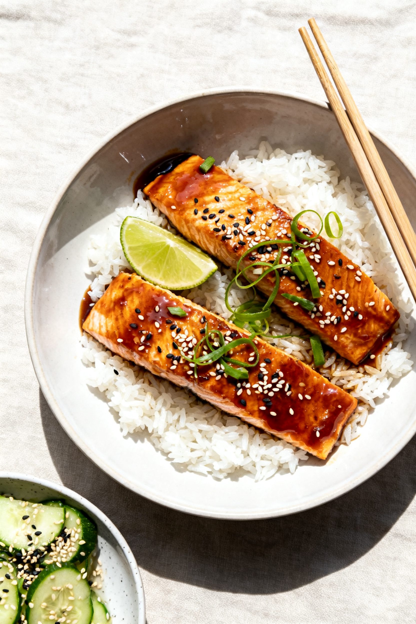 Overhead “tasty top view”: Two glazed salmon fillets served over fluffy steamed jasmine rice in 