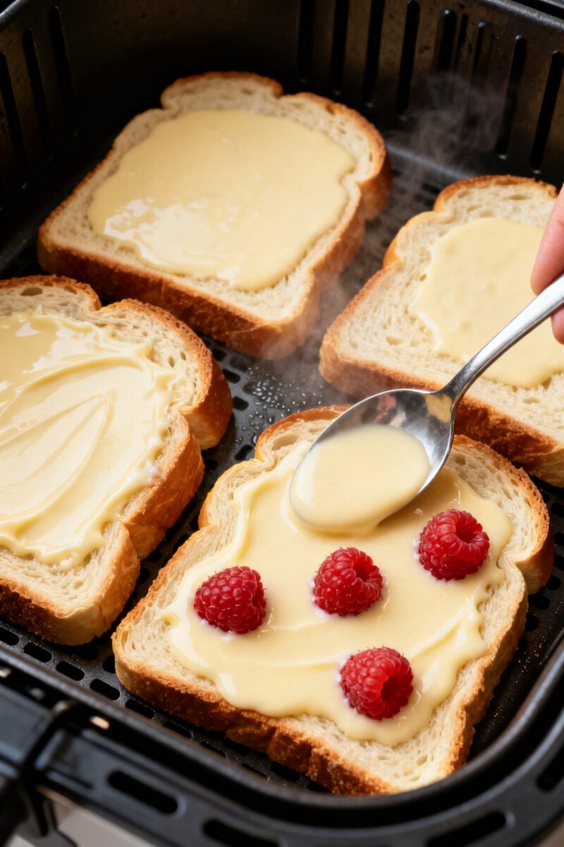 Process shot in action: thick-sliced challah with a spoon-pressed well being filled with a smooth Gr