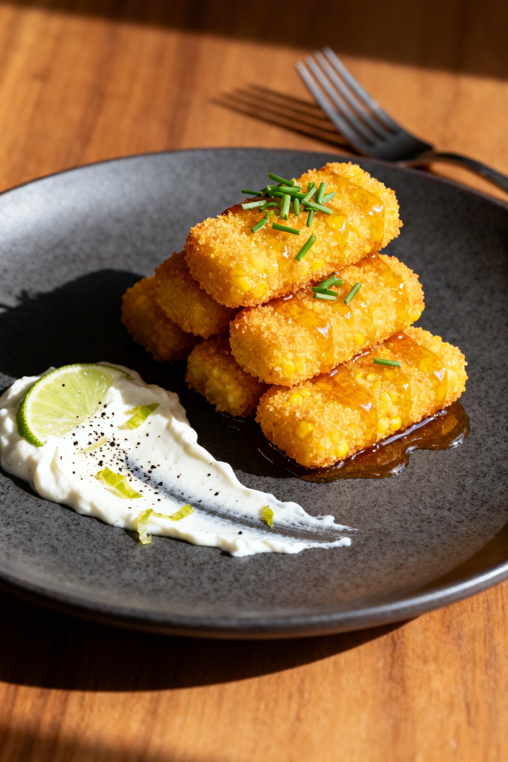 Restaurant-quality final plate presentation: elegantly stacked corn nuggets on a matte charcoal plat