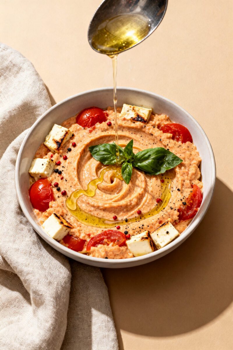 Sauce-building detail: Overhead close-up of the roasted feta and tomatoes being mashed into a creamy