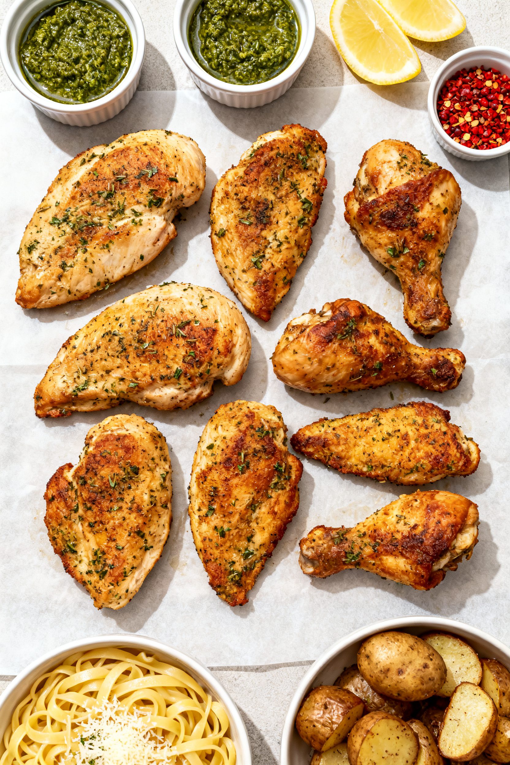 Tasty of an easy weeknight spread: overhead shot of mixed air-fried chicken pieces (breasts, thighs,
