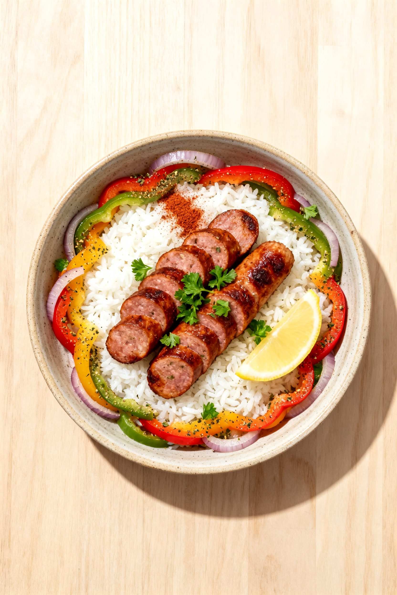 Tasty overhead meal bowl: of sliced air-fried brats arranged over a bed of fluffy white rice with a 