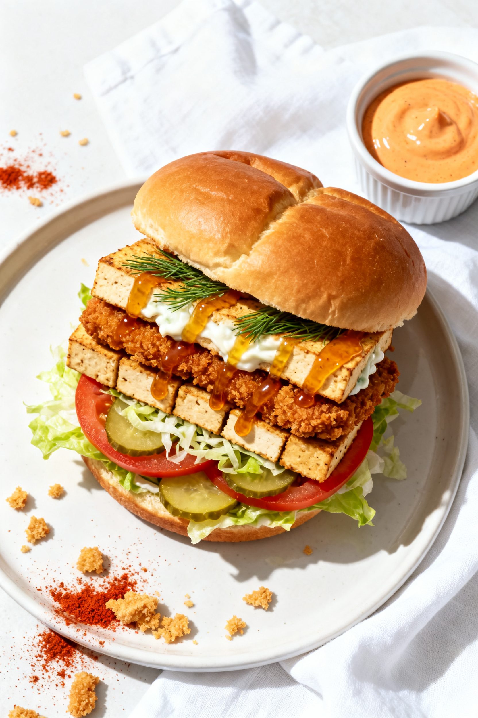 Tasty top-down sandwich build: Overhead shot of a chicken fried tofu sandwich on a toasted brioche-s