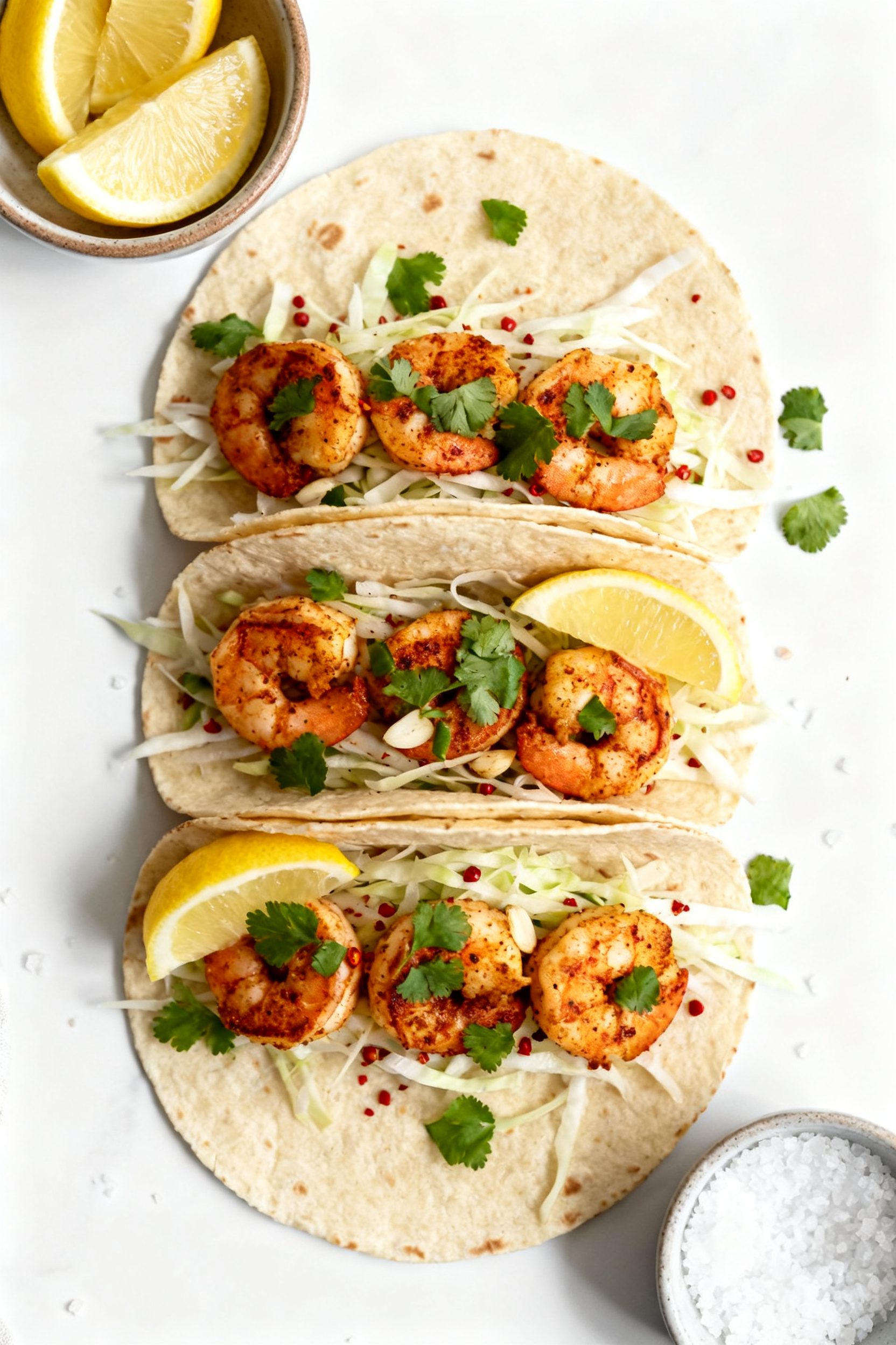 Tasty top-down taco variation: Overhead shot of air fryer taco shrimp tucked into warm tortillas, fi