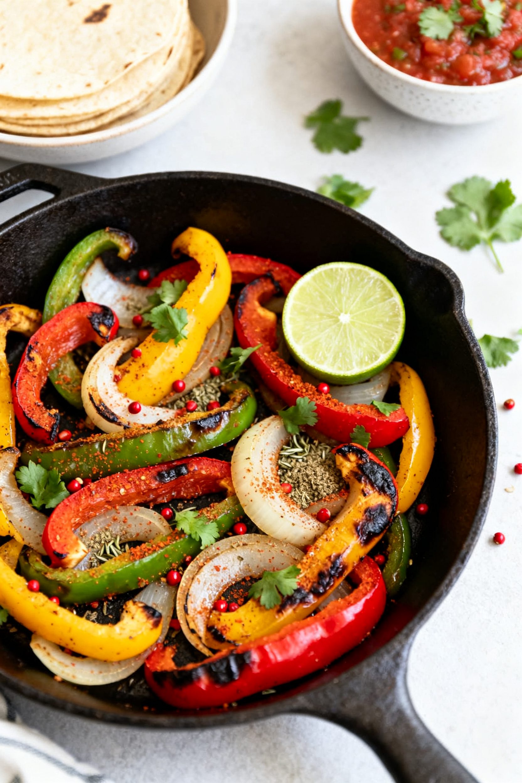 Tasty top-down variation: Overhead shot of Fajita-Style peppers and onions in a cast-iron skillet, v