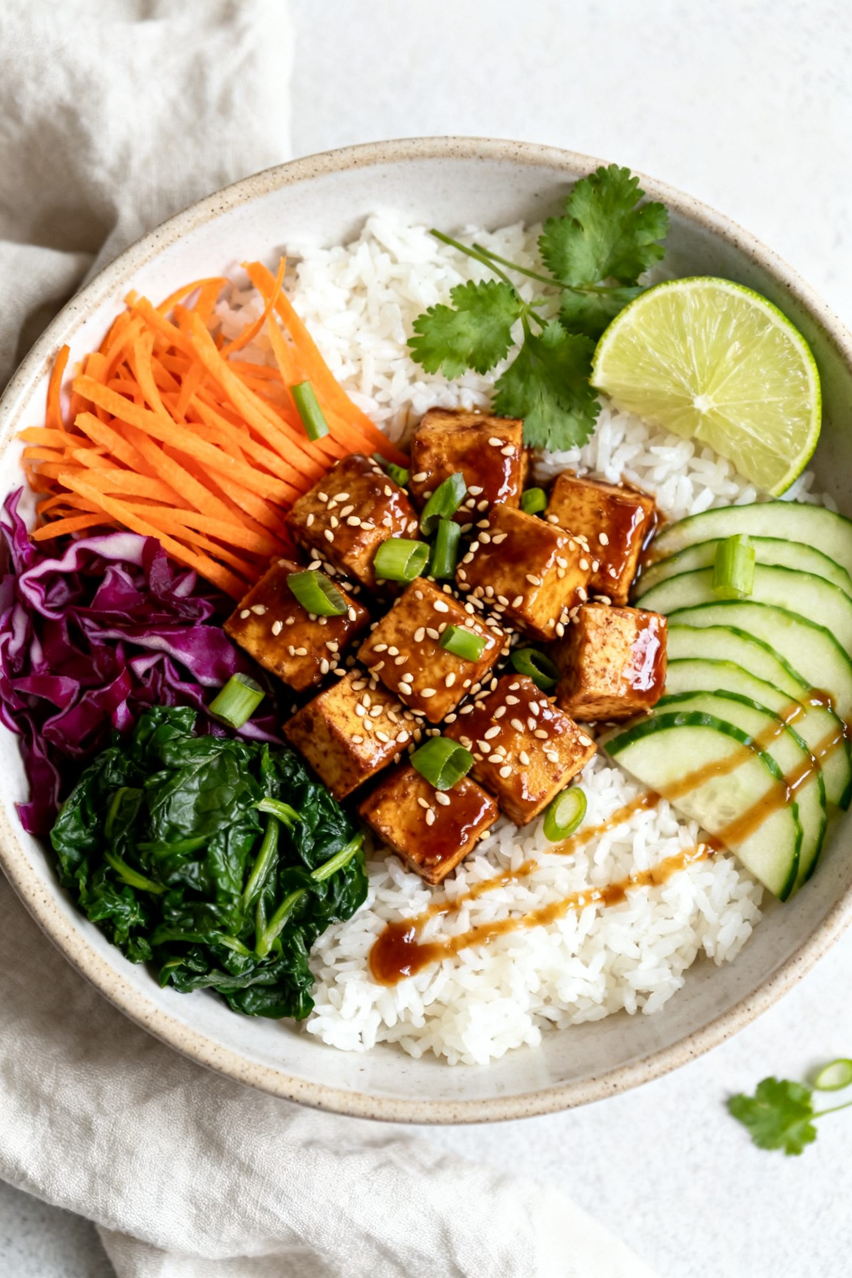 Tasty top view, bowl assembly: Overhead shot of an Air Fryer Tofu Bowl with a base of fluffy white r