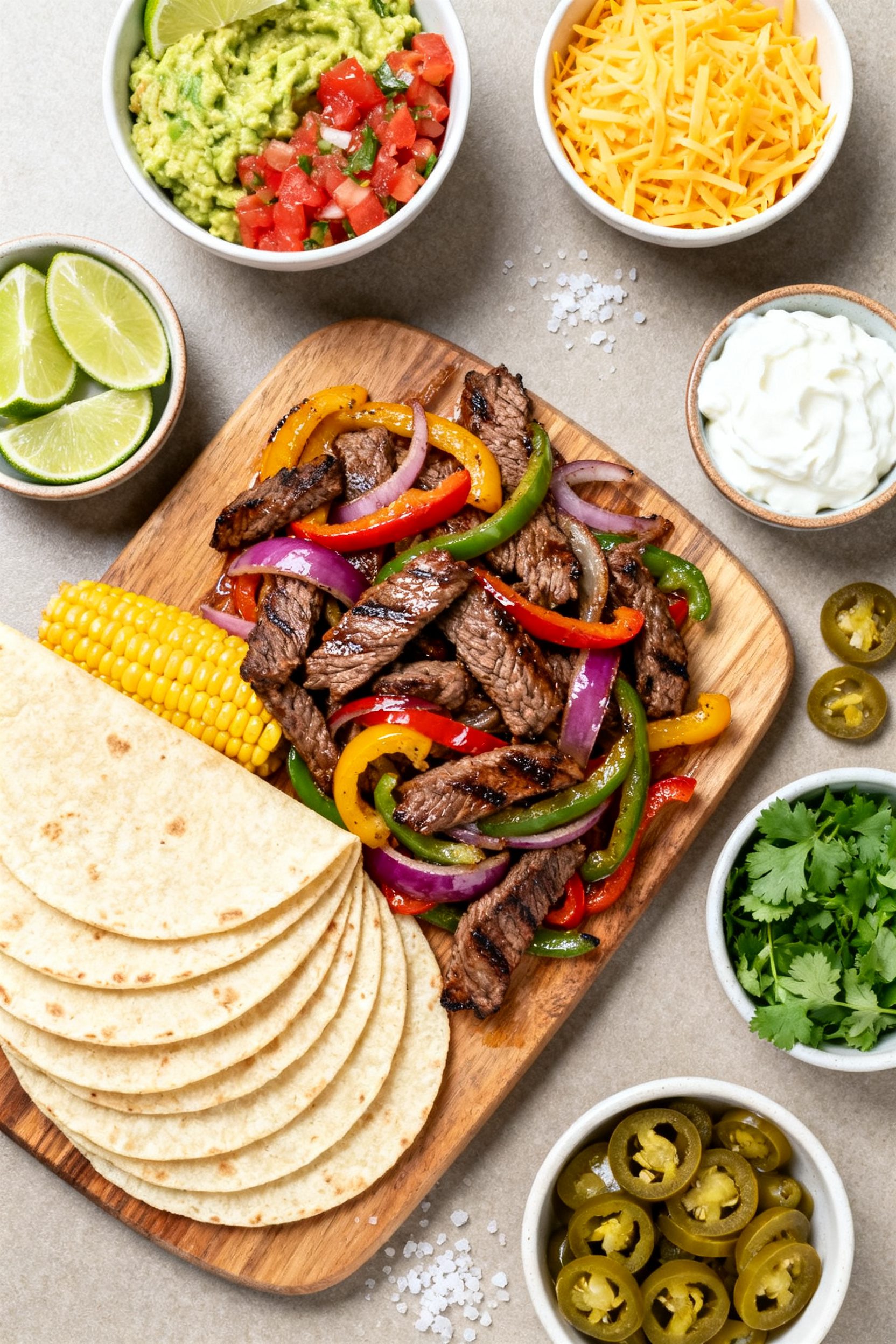 Tasty top view, build-your-own spread: Overhead shot of a family-style fajita board—center mound o