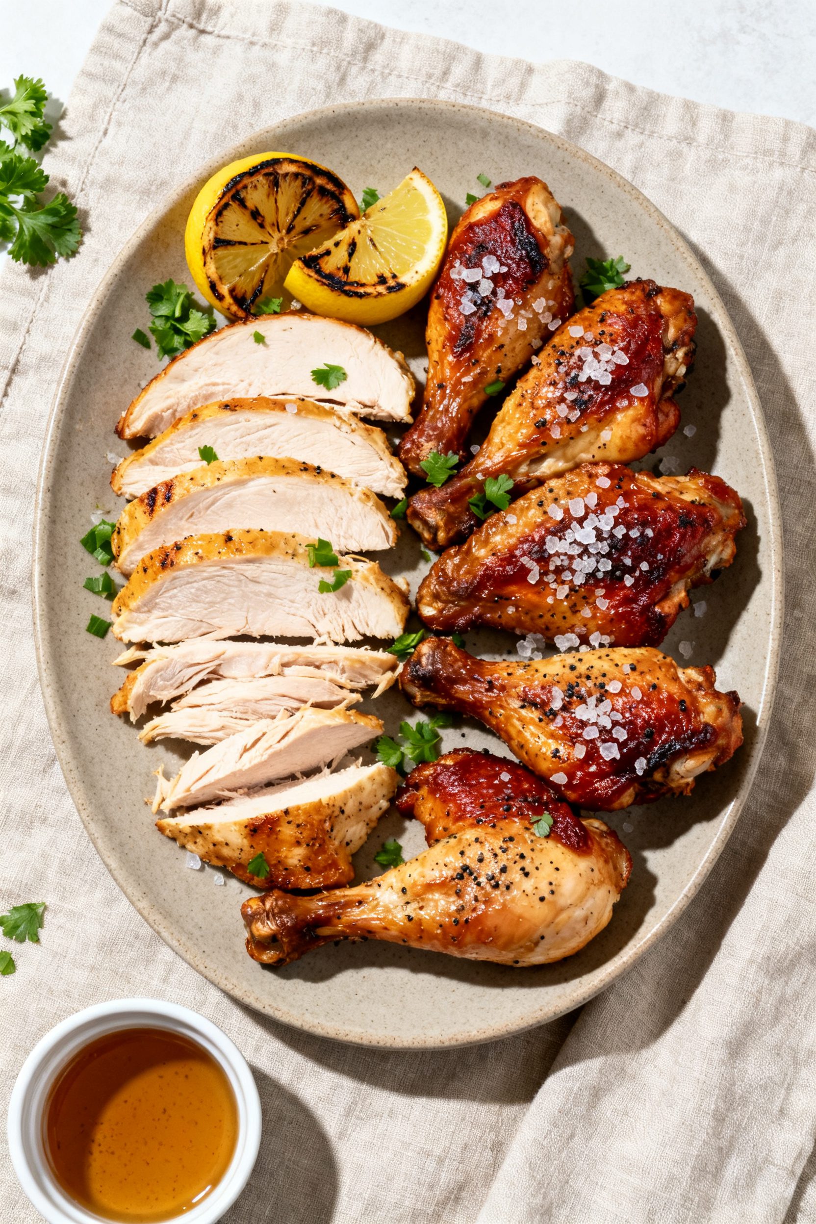 Tasty top view carving scene: Overhead shot of carved air fryer chicken arranged family-style—slic