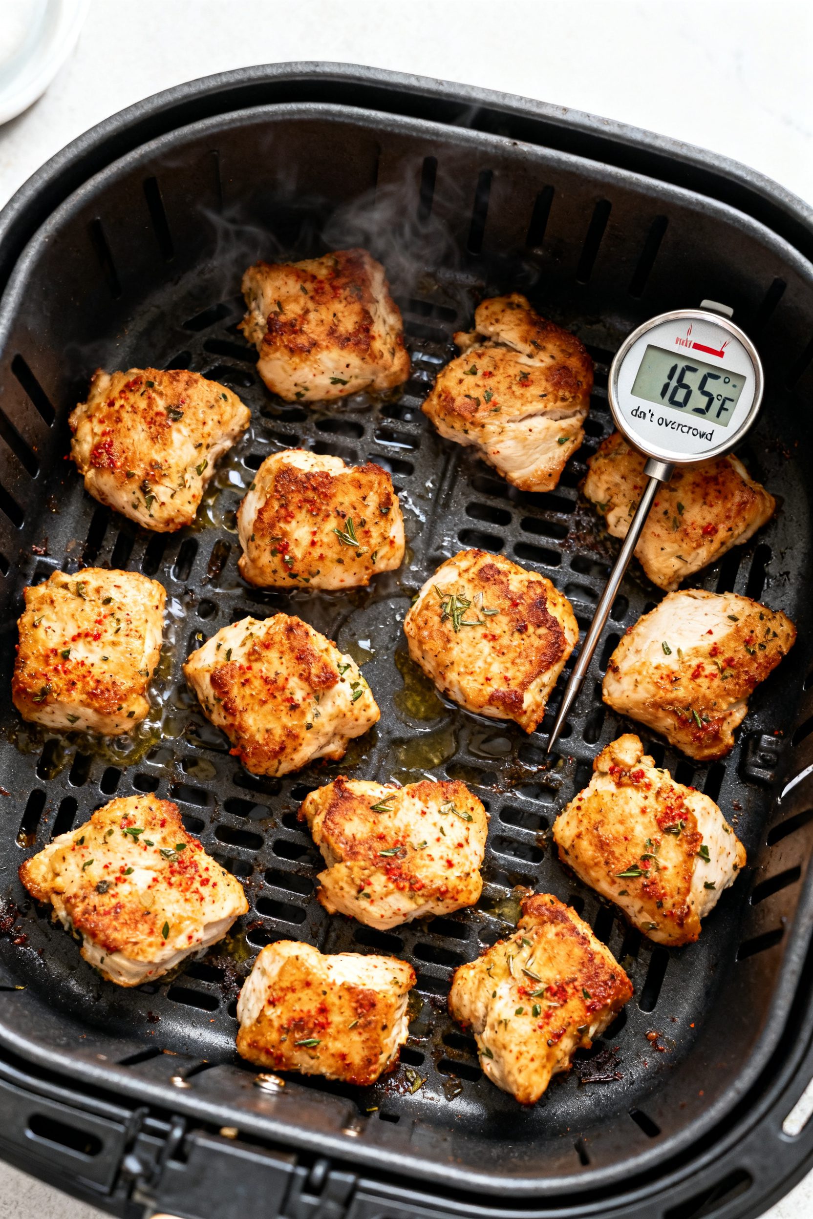 Tasty top view cooking process: Overhead shot of chicken bites mid-cook in the air fryer, arranged i