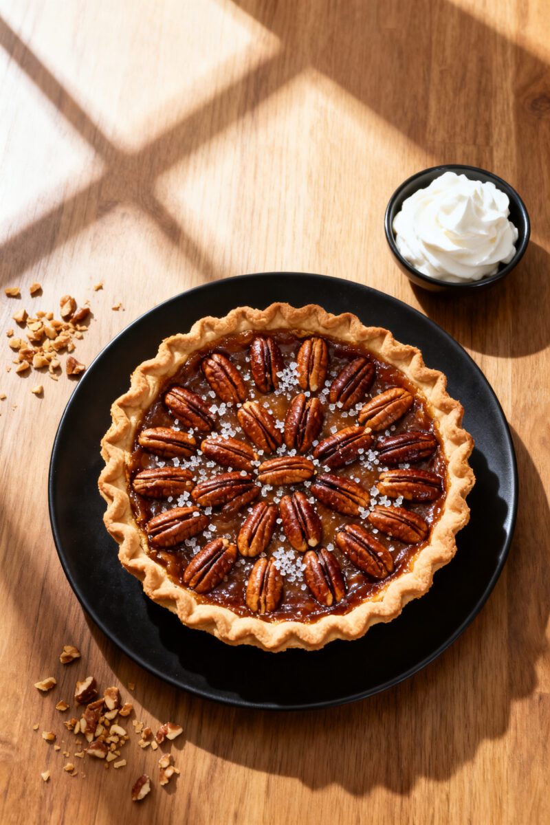 Tasty top view, final dish: Overhead shot of a fully cooled air fryer pecan pie on a matte black pla