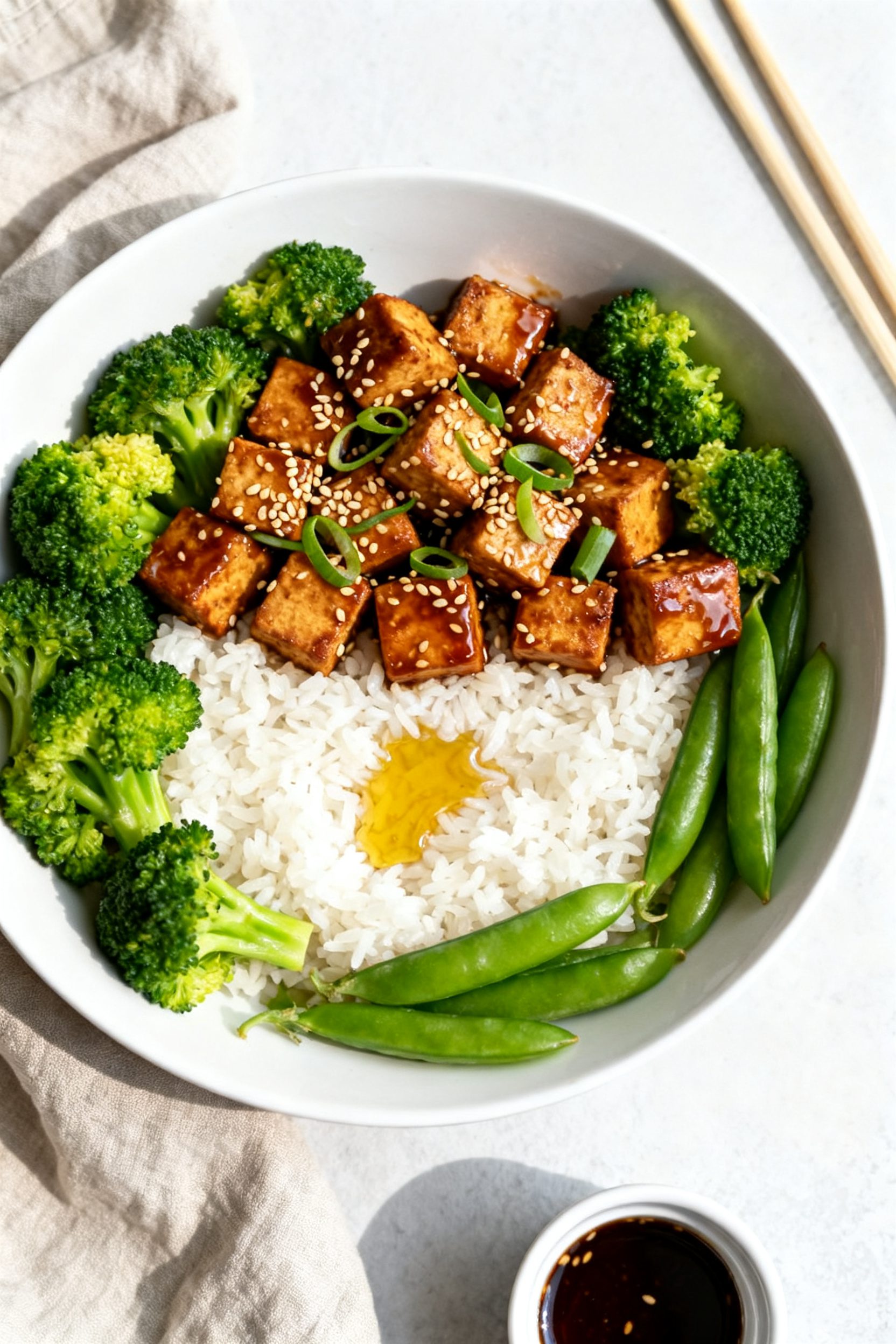 Tasty top view final dish: Overhead shot of Air Fryer Sesame Tofu plated in a wide, shallow white bo