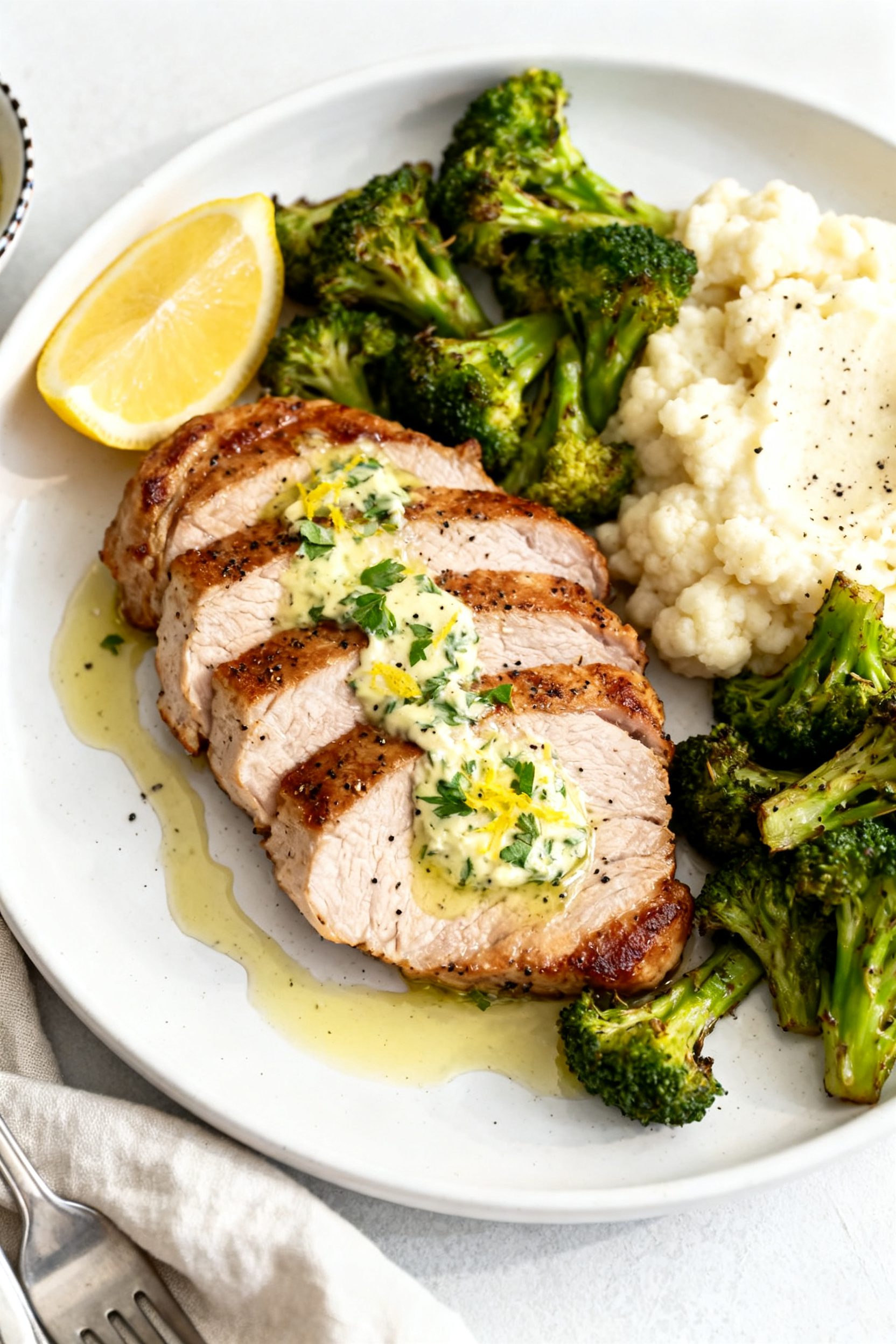 Tasty top view final plate: Overhead shot of plated Air Fryer Keto Boneless Pork Chops sliced and fa