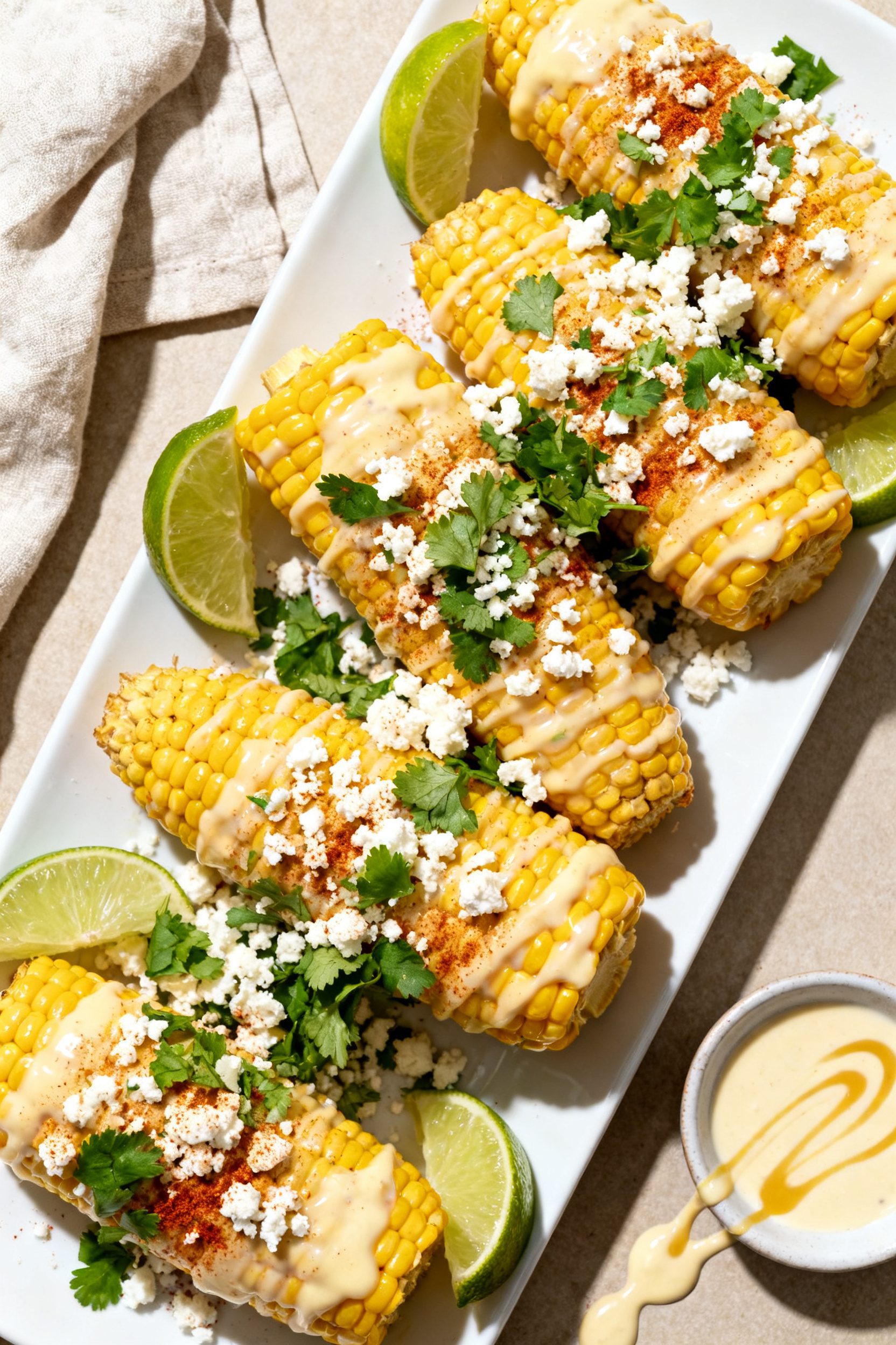 Tasty top-view final presentation: Overhead shot of fully dressed elote on a long white platter—ea