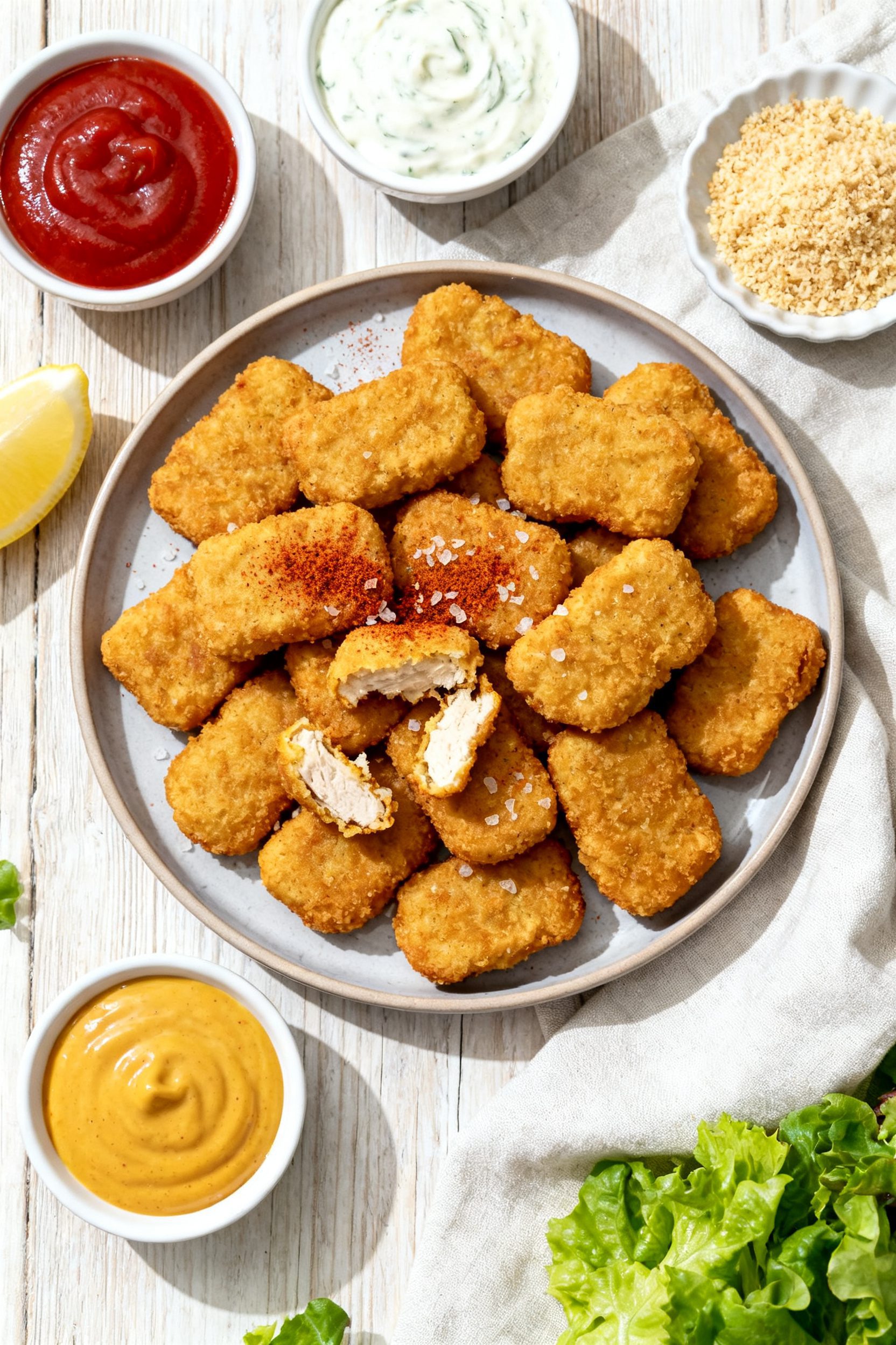 Tasty top view final presentation: Overhead shot of a modern platter piled with gluten free chicken 