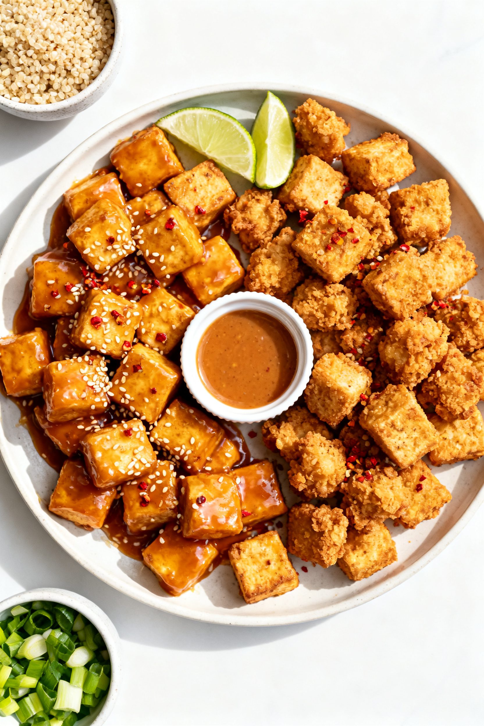Tasty top view (overhead): Overhead shot of a shareable platter of bang bang tofu served family-styl
