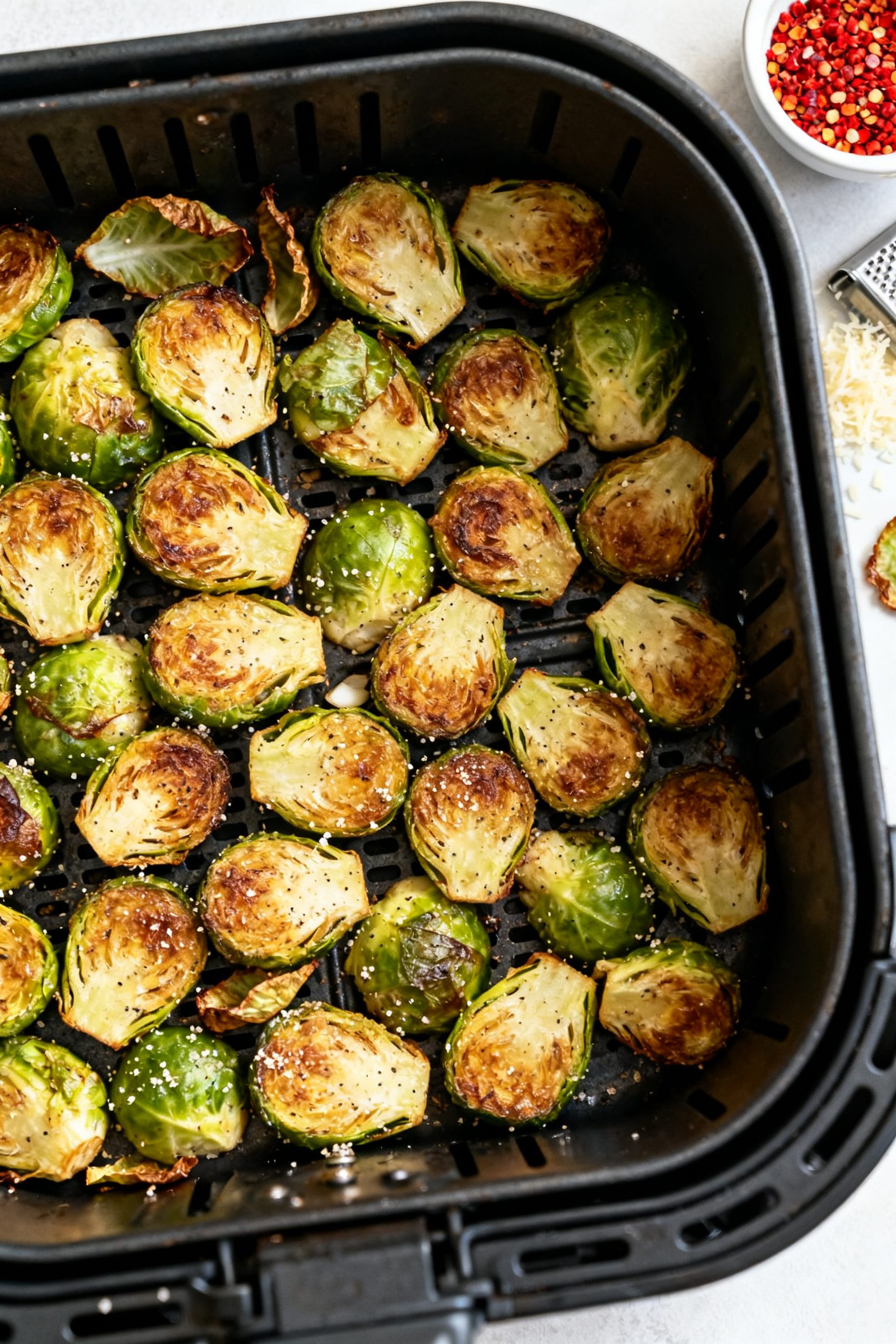Tasty top view (overhead process moment): Single, uncrowded layer of cooked Brussels sprouts arrange