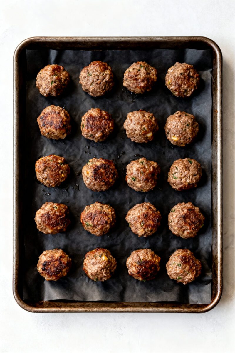 Tasty top view: Overhead shot of 14–16 cooked carnivore meatballs arranged in a single layer on a