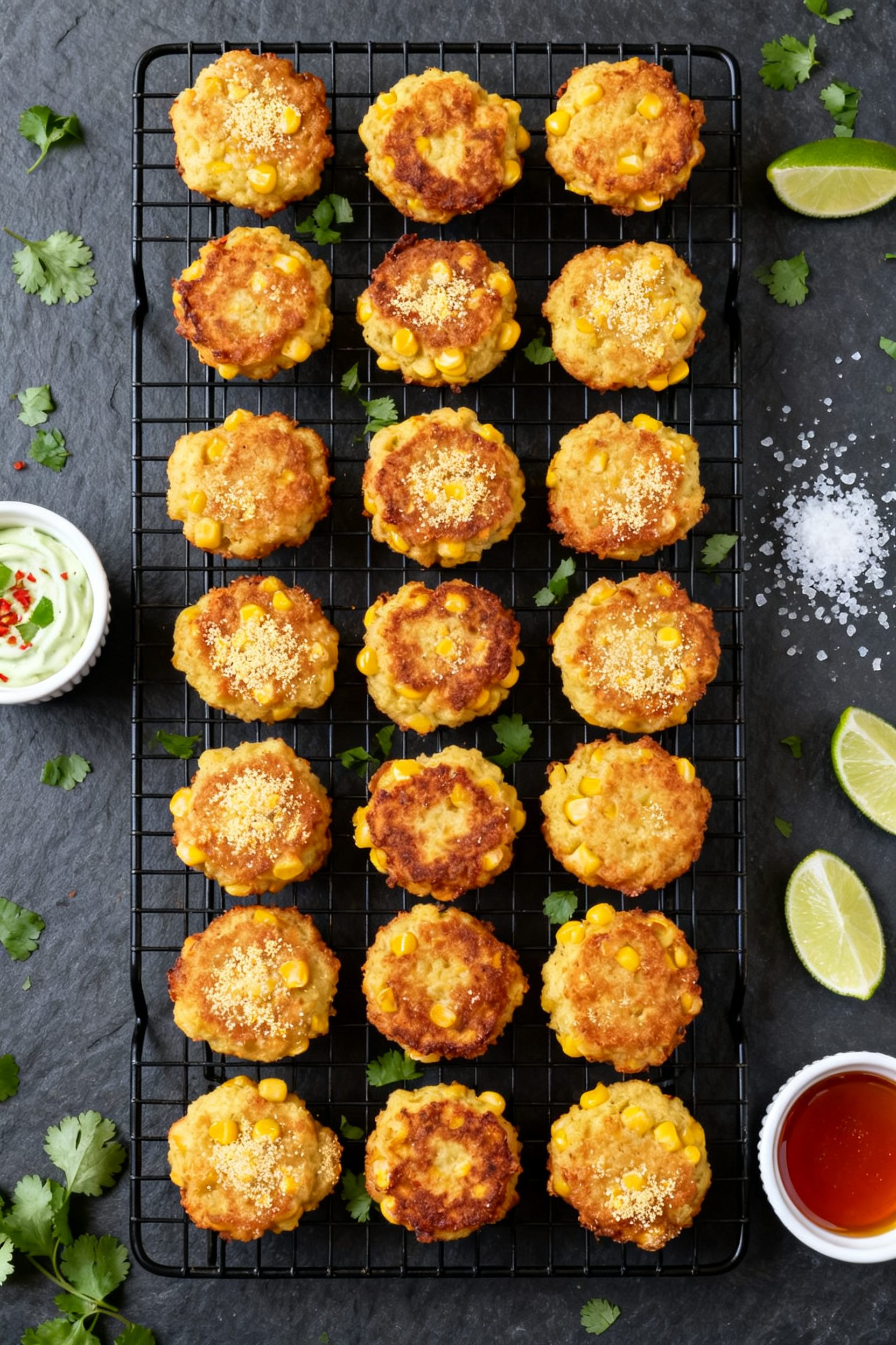 Tasty top view: Overhead shot of a cooling rack loaded with freshly cooked corn fritters in staggere